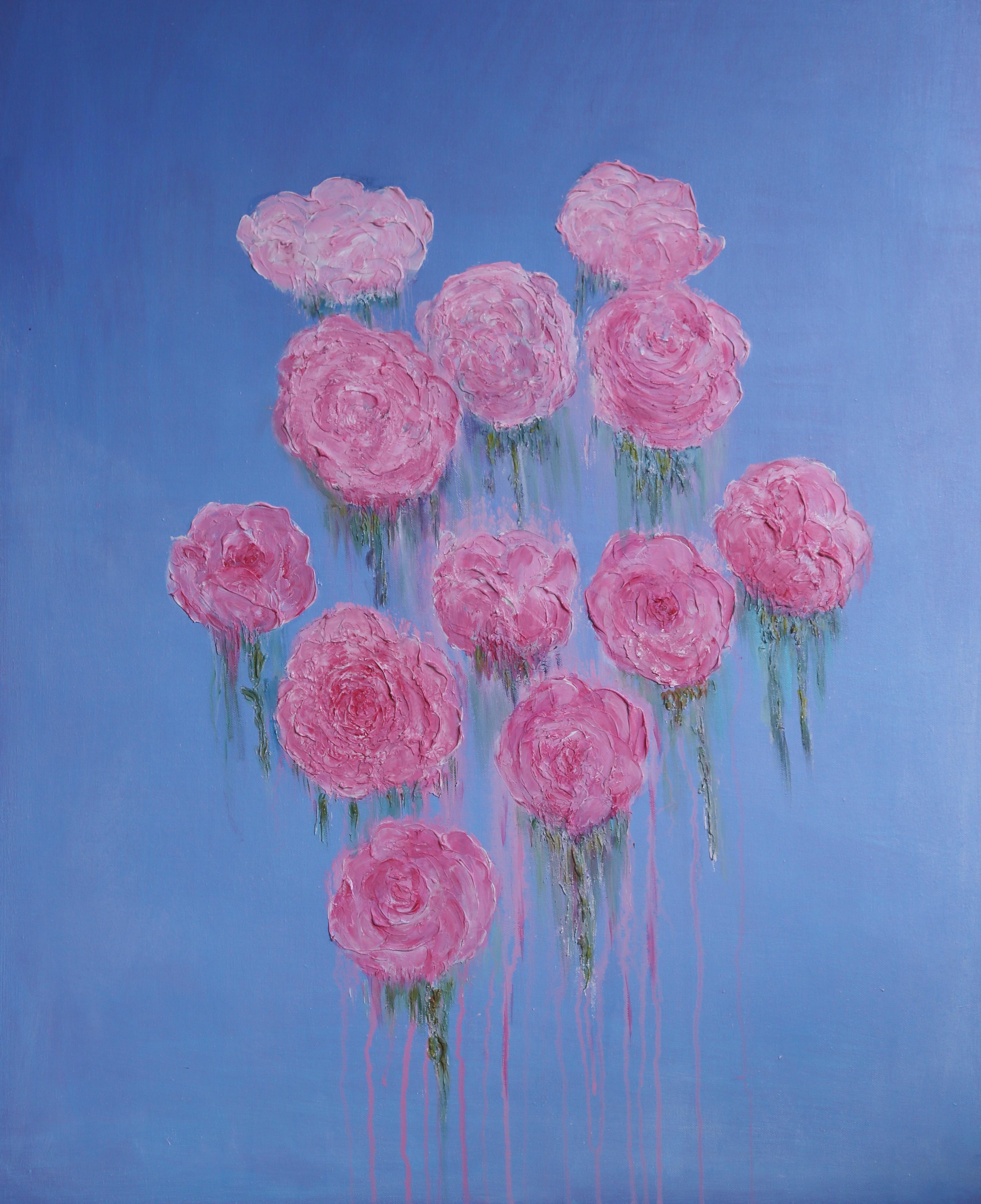 'Out of the Blue'
Acrylic and plaster paste on canvas
71x91 cm

First the canvas is primed with gesso, and several layers of the base coat are applied. When I am satisfied that there is enough depth to the colour, I start to sculpt the actual roses