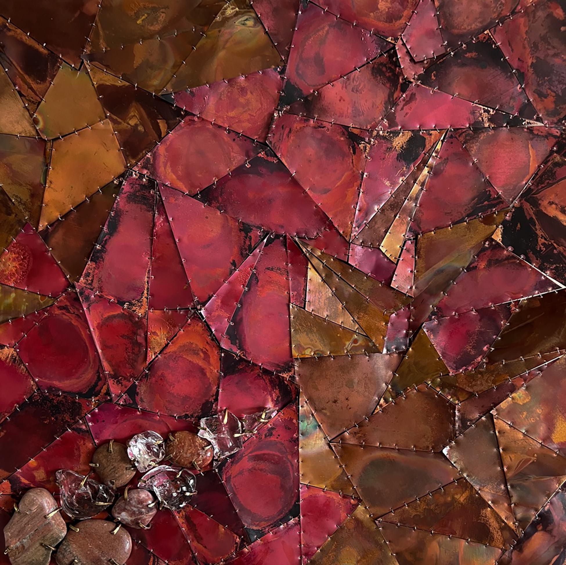 Lost by the Shore - Copper Metal Quilt Stone Glass Framed Wall Sculpture, 2025