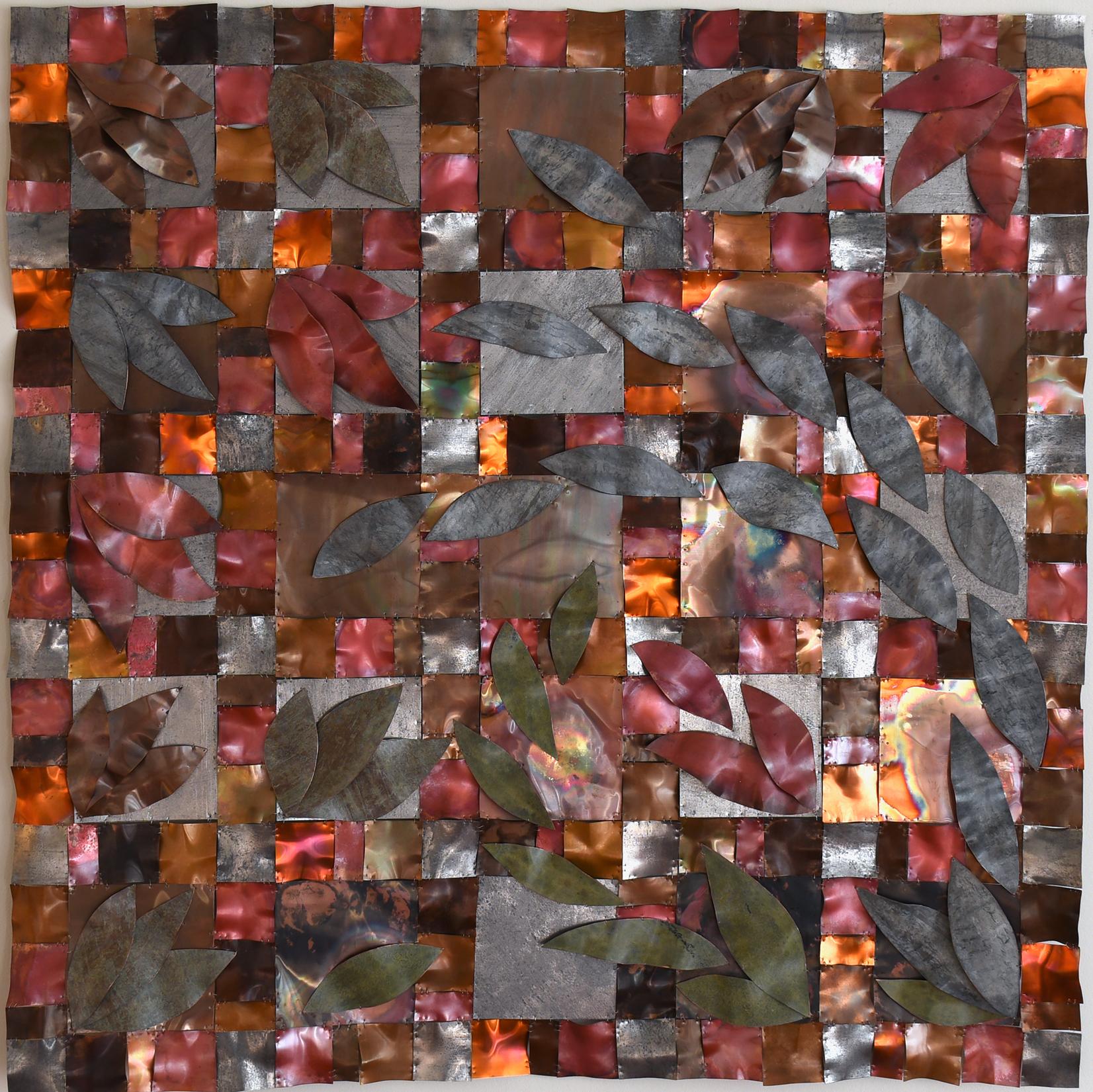 Fidelia - Copper Leaves Square Grid Metallic Wall Sculpture, 2025