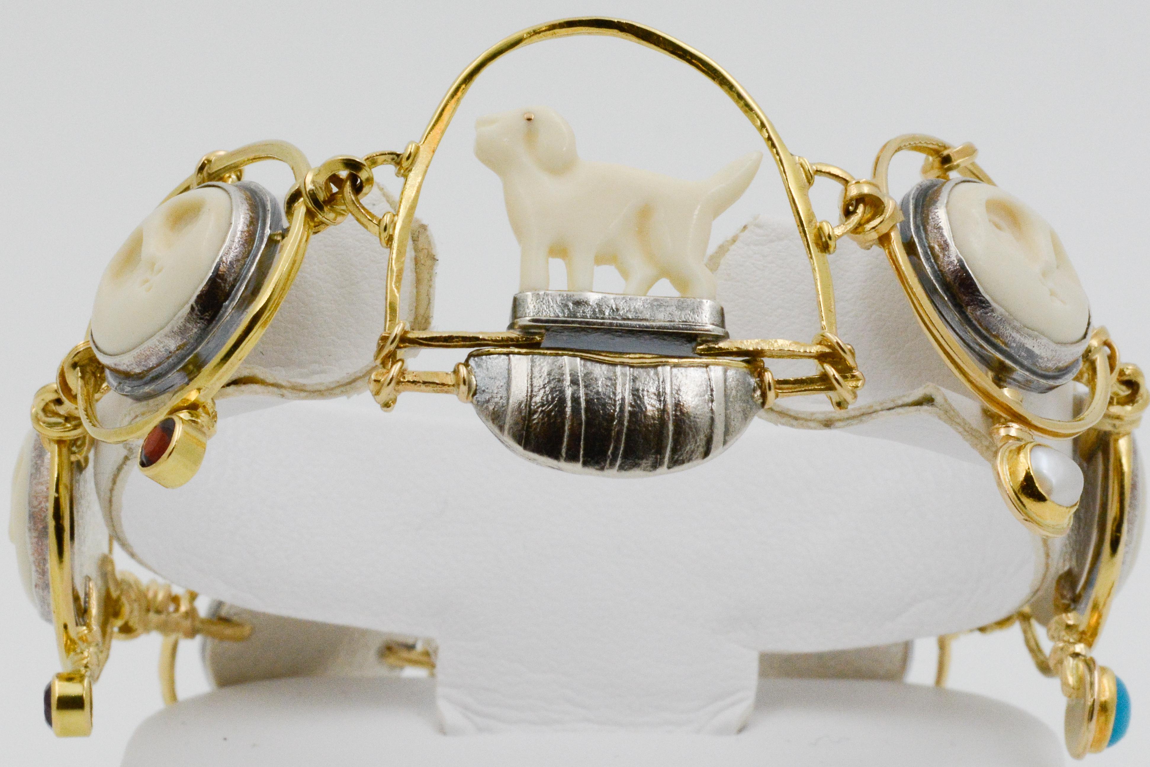 Arts and Crafts Carolyn Morris Bach Carved Bone 18 Karat Gold and Sterling Silver Bracelet