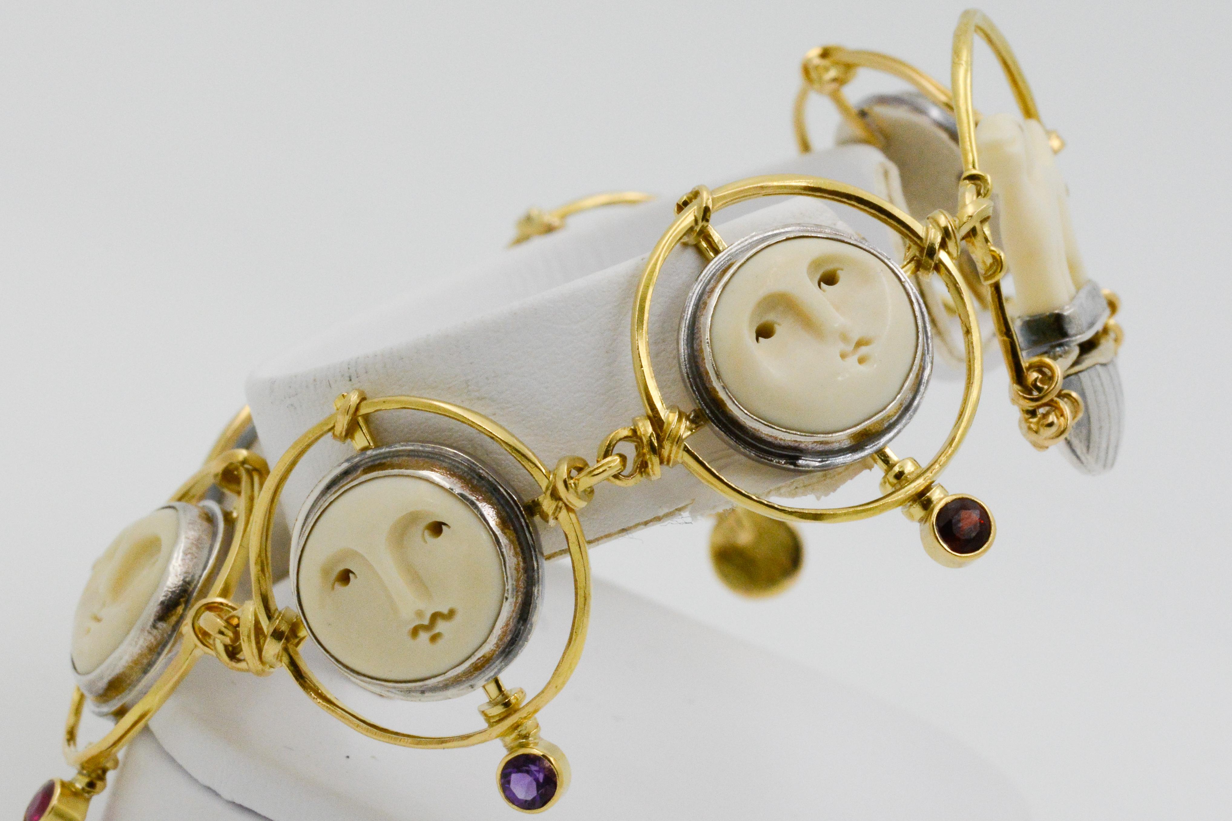 Carolyn Morris Bach Carved Bone 18 Karat Gold and Sterling Silver Bracelet In Good Condition In Dallas, TX