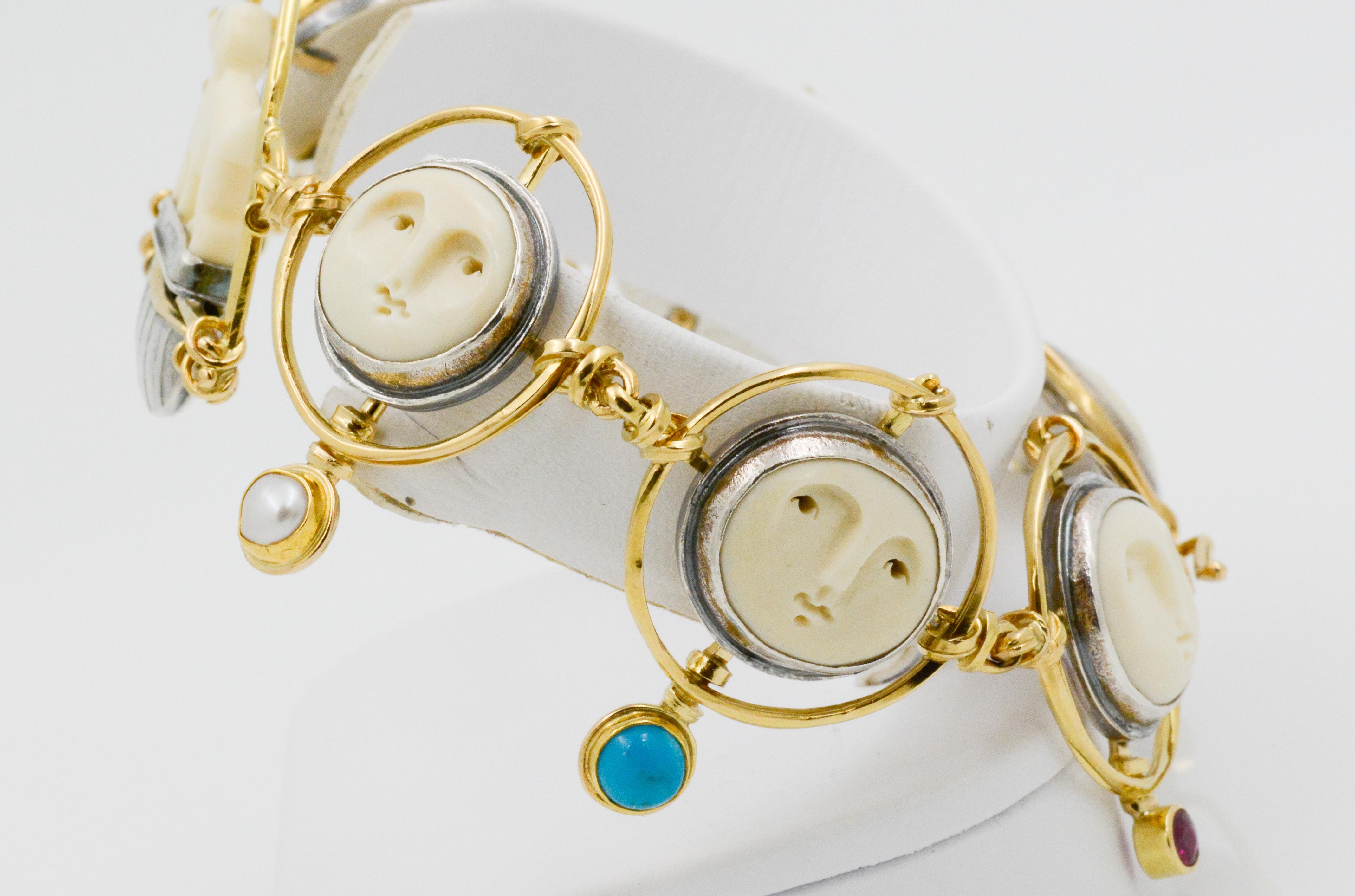 Women's Carolyn Morris Bach Carved Bone 18 Karat Gold and Sterling Silver Bracelet