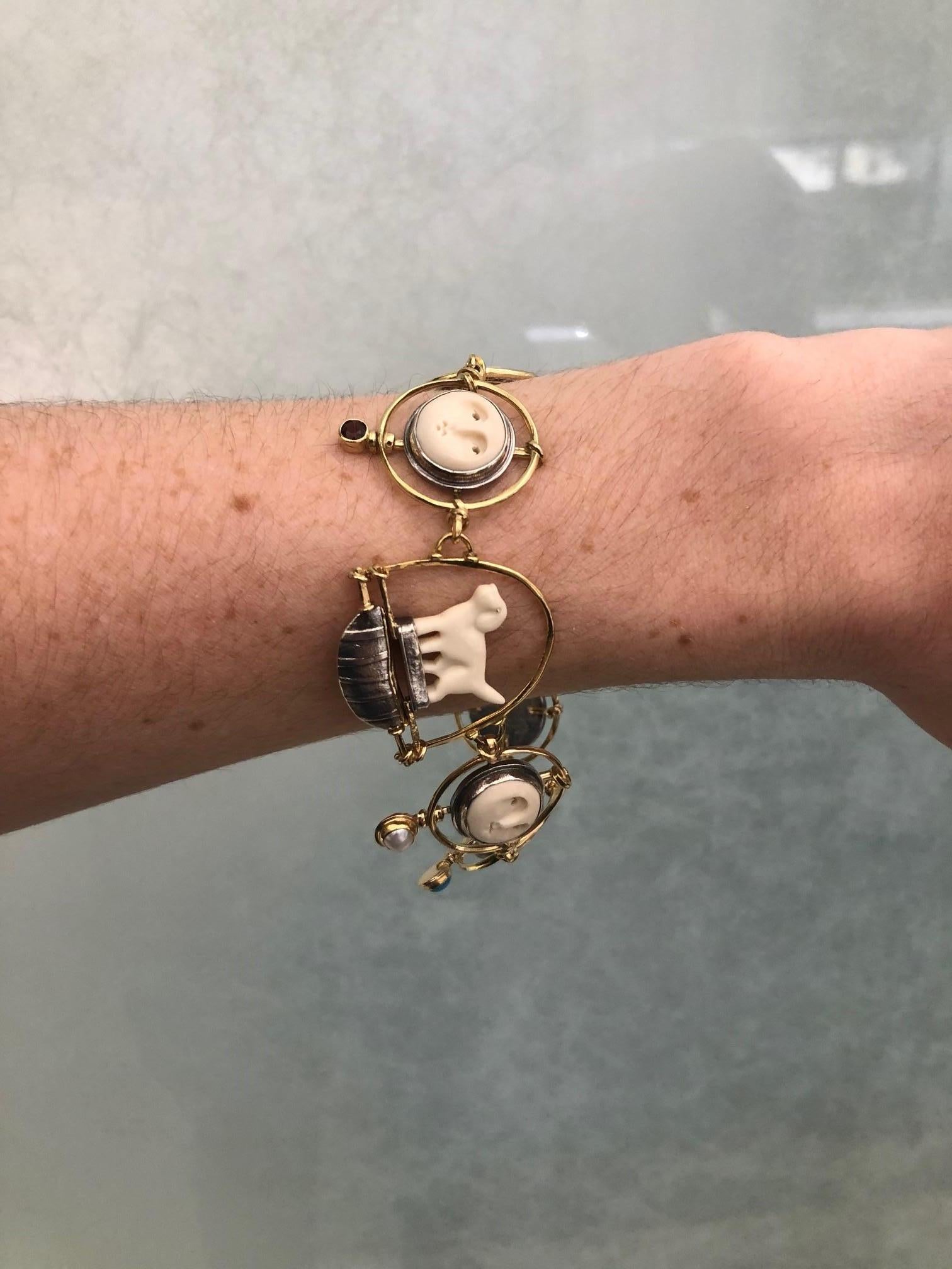 Carolyn Morris Bach Carved Bone 18 Karat Gold and Sterling Silver Bracelet 1