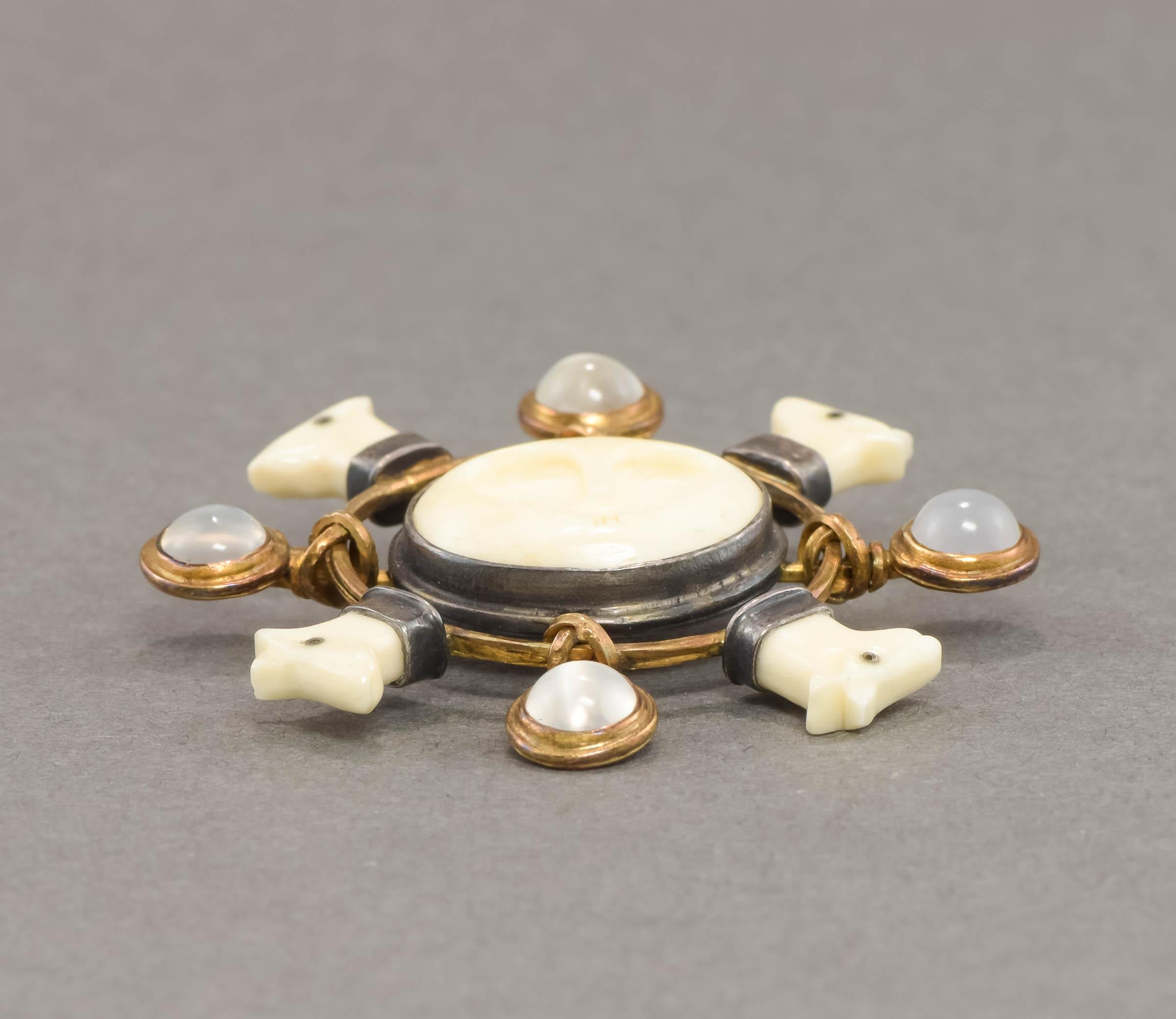 Carolyn Morris Bach Mondstein-Anhänger „Moon Dogs“ aus 18 Karat Gold und Sterling für Damen oder Herren
