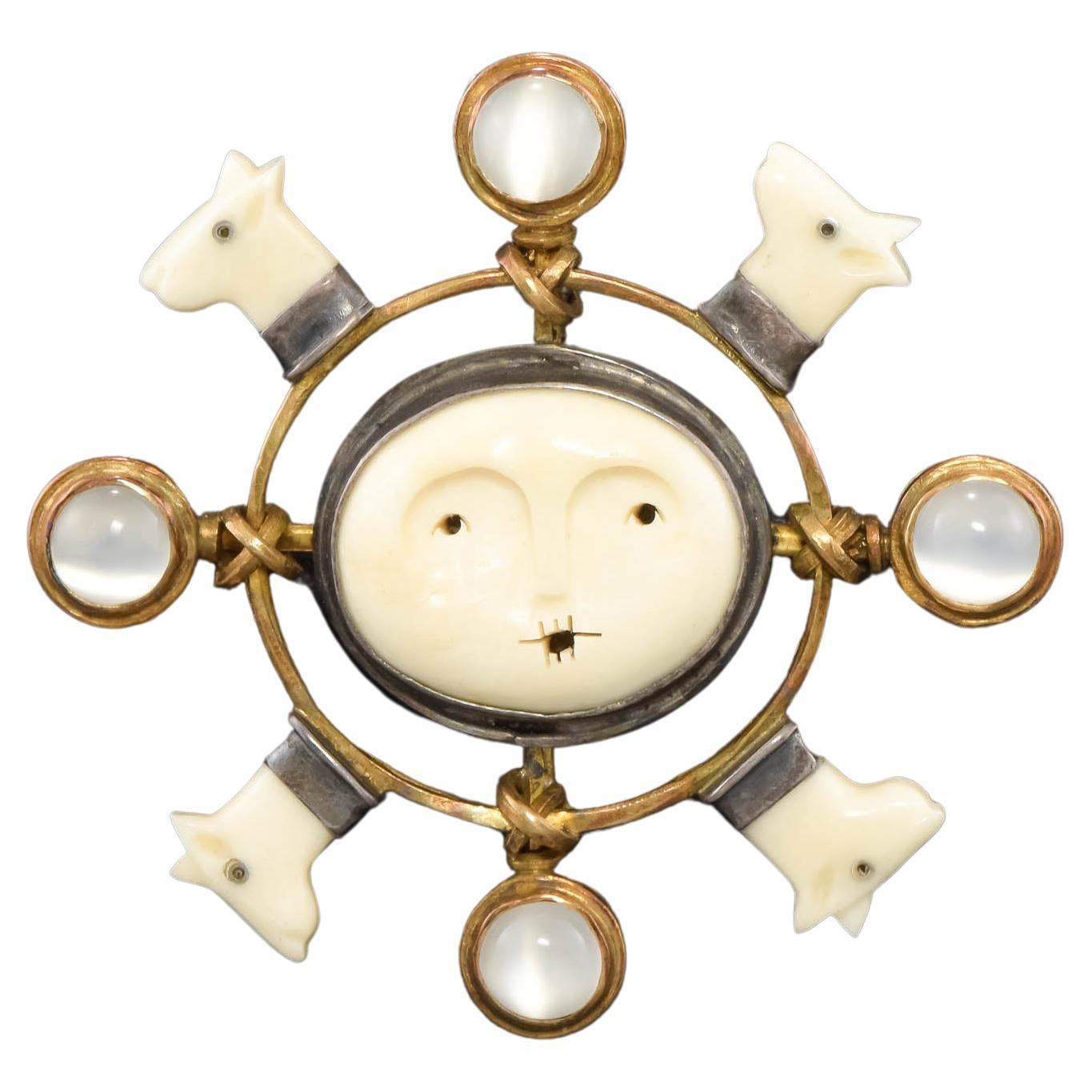 Carolyn Morris Bach Moonstone "Moon Dogs" Pendant in 18K Gold & Sterling For Sale