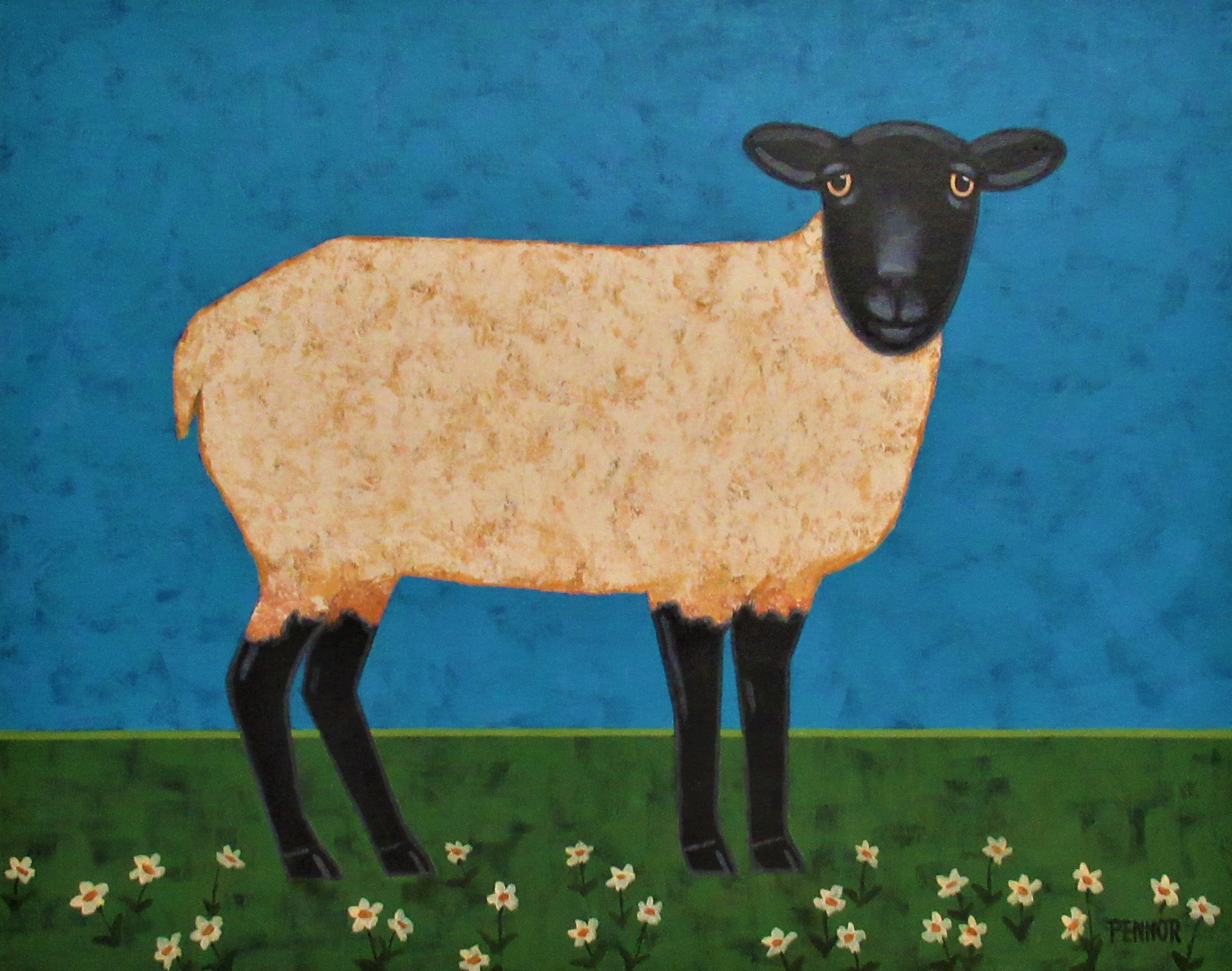 Carolyn Pennor Animal Painting - Ewe in Daisies, Original Painting