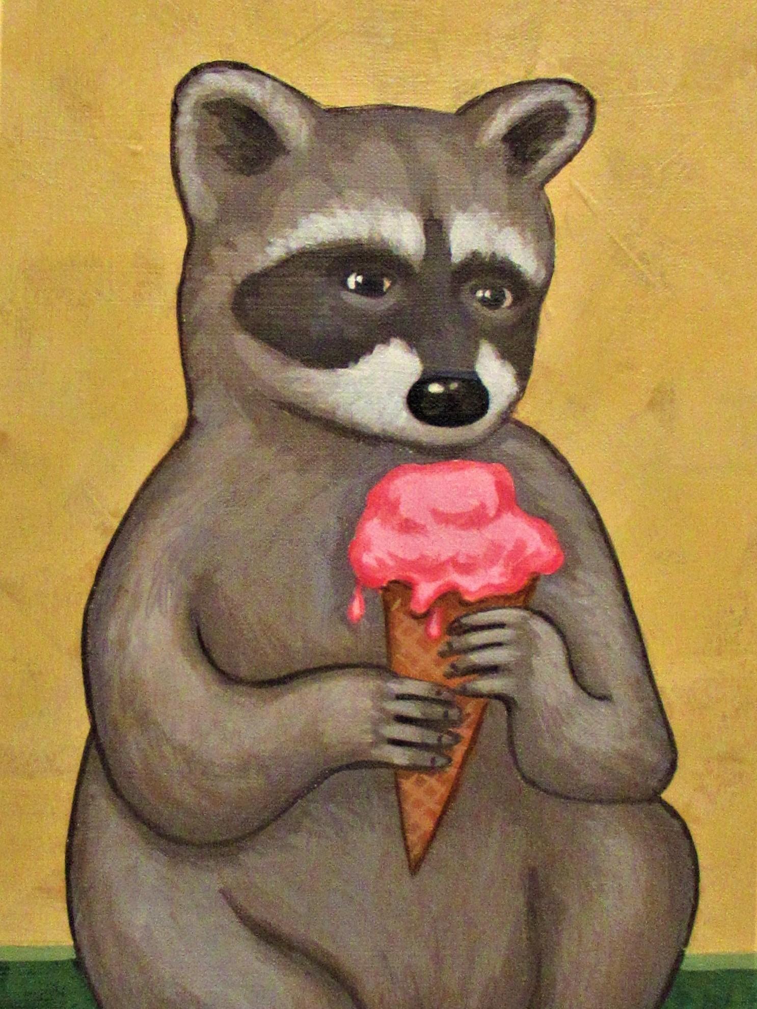 <p>Artist Comments<br>Artist Carolyn Pennor paints a playful portrait of a raccoon sitting on a flower-filled garden. The critter loves ice cream and with its tiny hands holds onto the dripping cone as it gulps the delicious treat. 