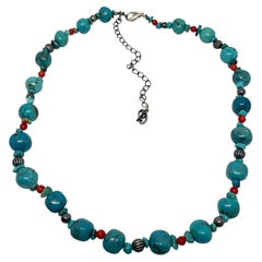 CAROLYN POLLACK 925 sterling silver turquoise coral beaded designer necklace