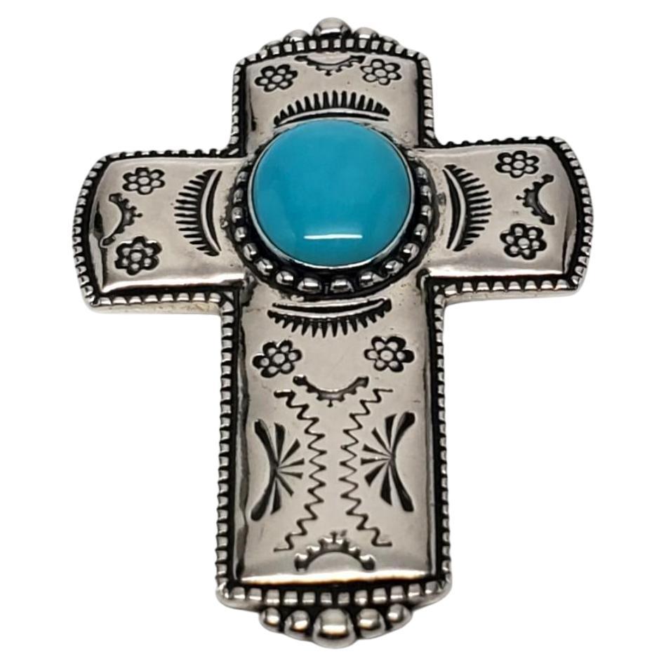 Carolyn Pollack Sterling Silver Cross Turquoise Brooch/Pendant #17089