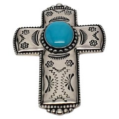Carolyn Pollack Sterling Silver Cross Turquoise Brooch/Pendant #17089