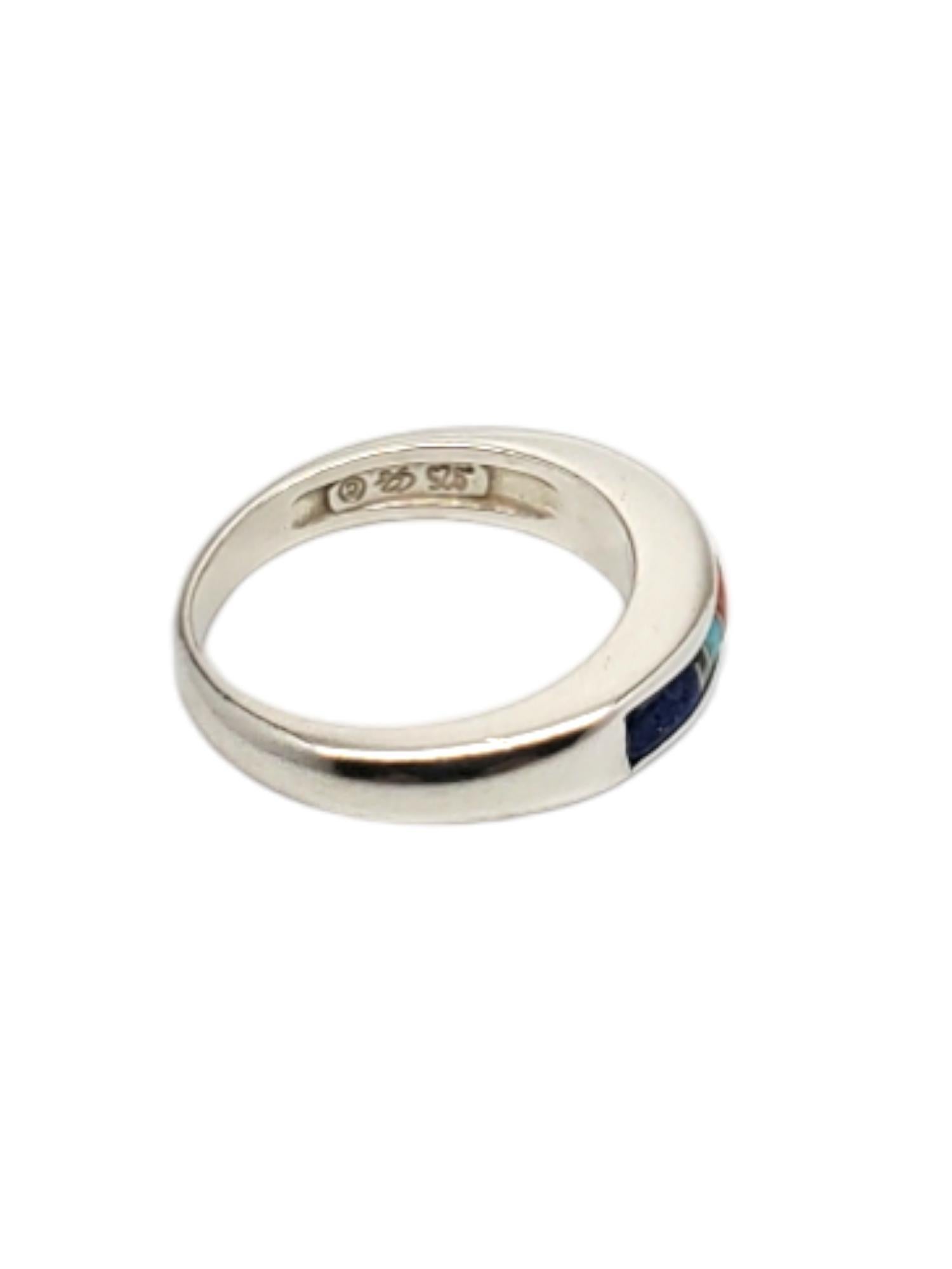 Carolyn Pollack Anello a fascia in argento sterling con lapis, corallo e turchese, misura 6 #19217 In condizioni buone in vendita a Washington Depot, CT
