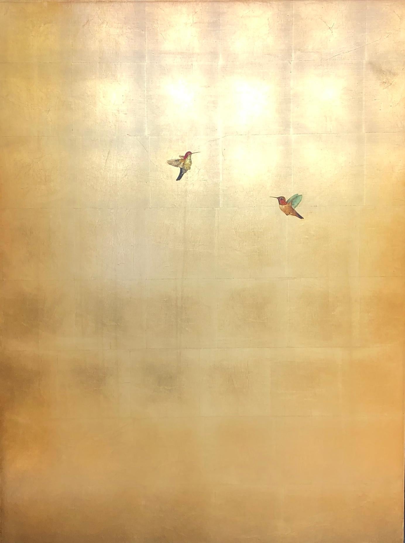 Two Hummingbirds Over Bright Gold - Mixed Media Art by Carolyn Reynolds