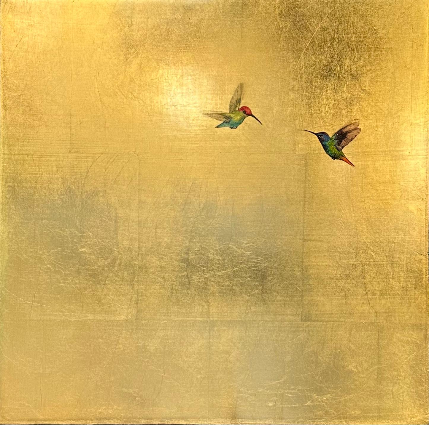 Carolyn Reynolds Animal Painting - Hummers in Gold Dreams