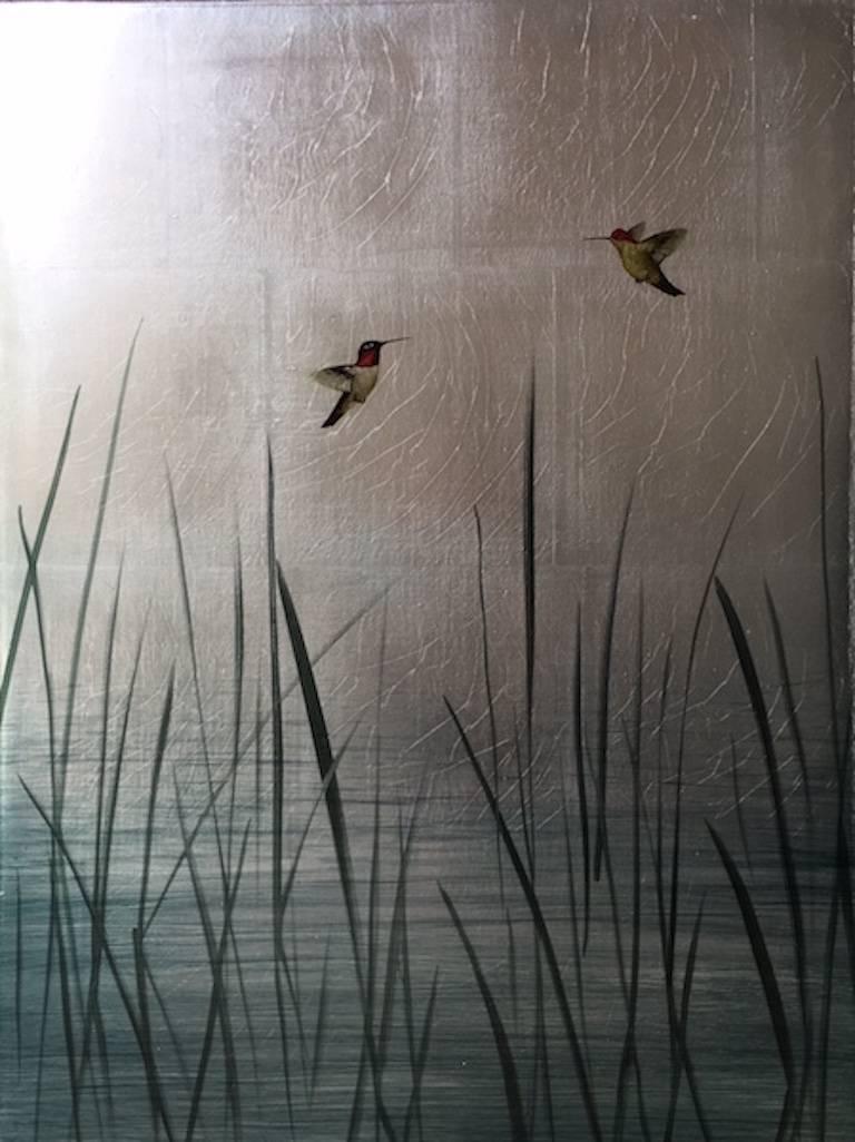 Carolyn Reynolds Animal Painting - Hummers Over Reeds and Ripples 