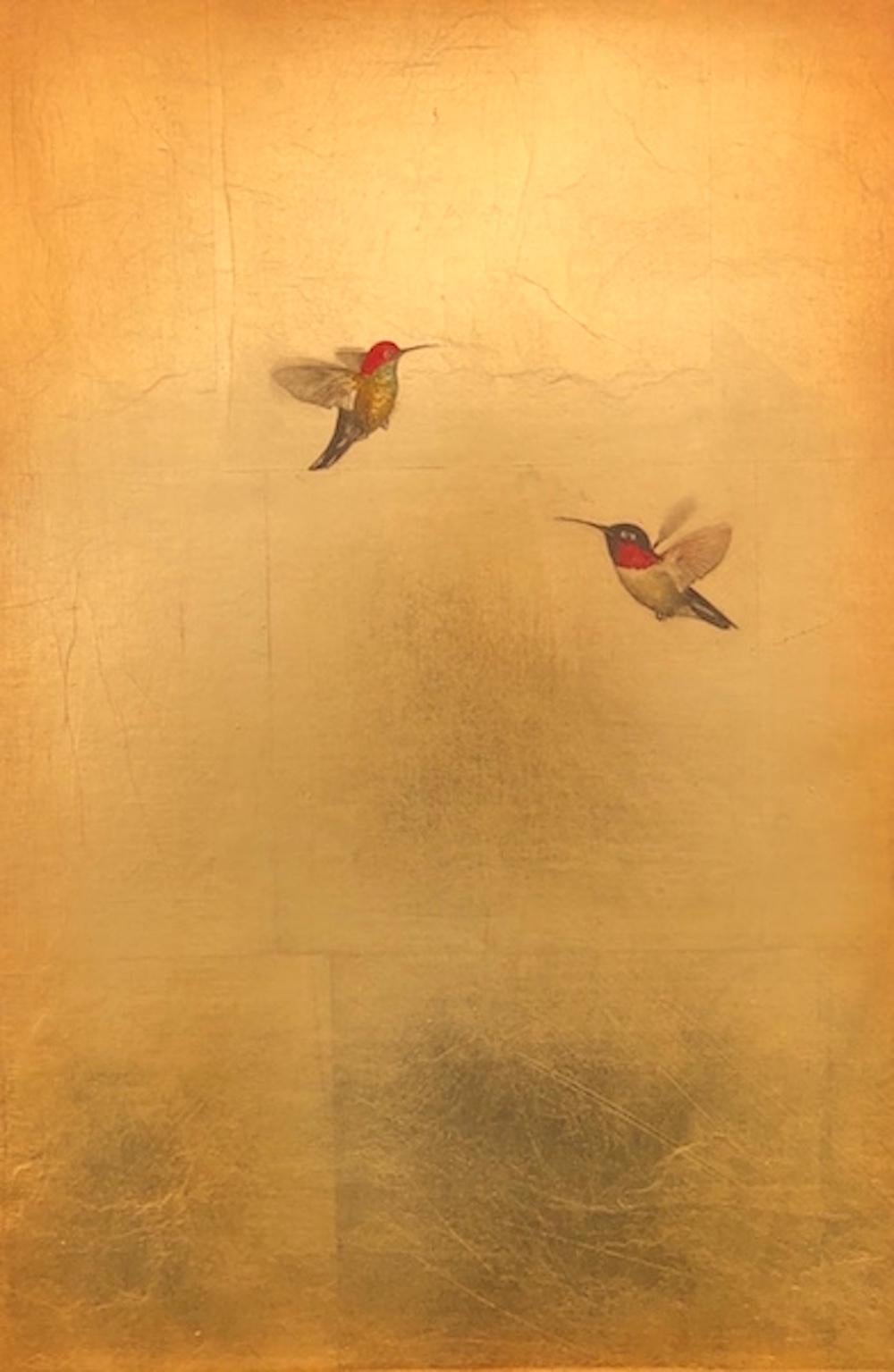 Carolyn Reynolds Animal Painting - Hummingbirds in Ascension Over Gold