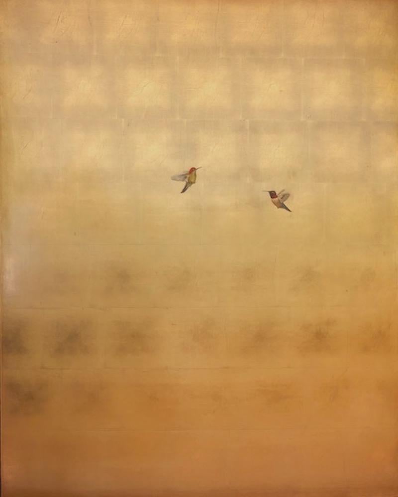 Carolyn Reynolds Animal Painting - Hummingbirds in Flight Over Gold