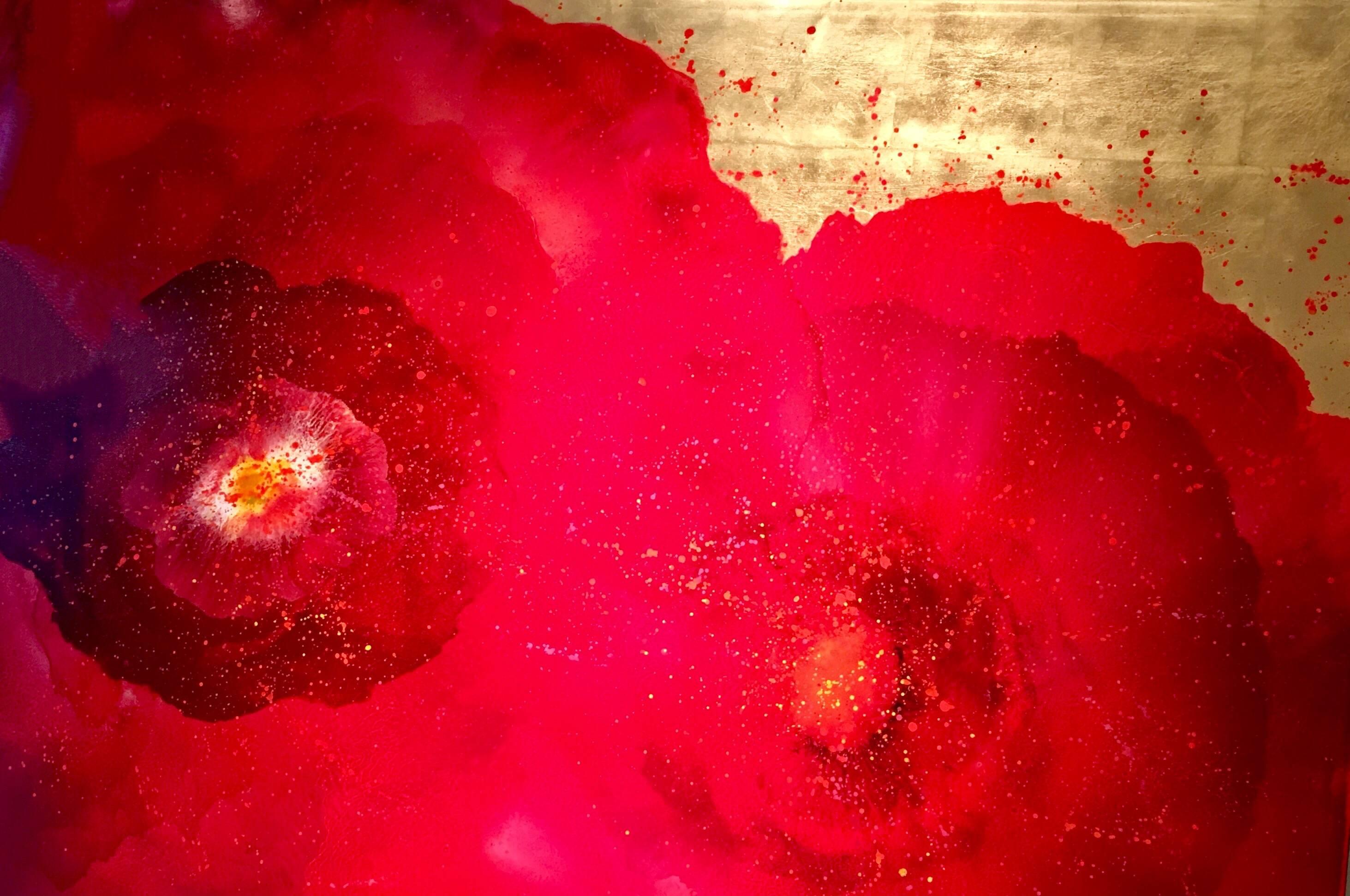 Carolyn Reynolds Abstract Painting - Red Bursts Over Gold I
