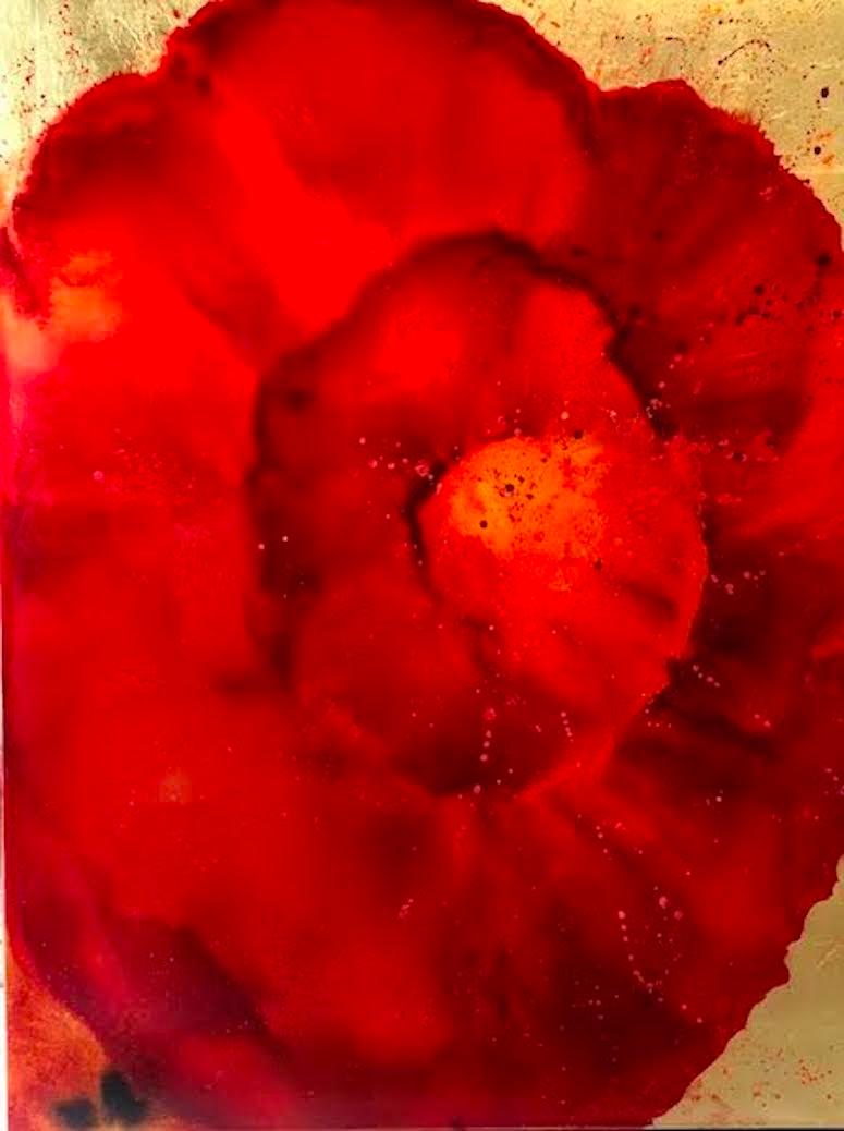 Carolyn Reynolds Abstract Painting - Red Bursts Over Gold II/III