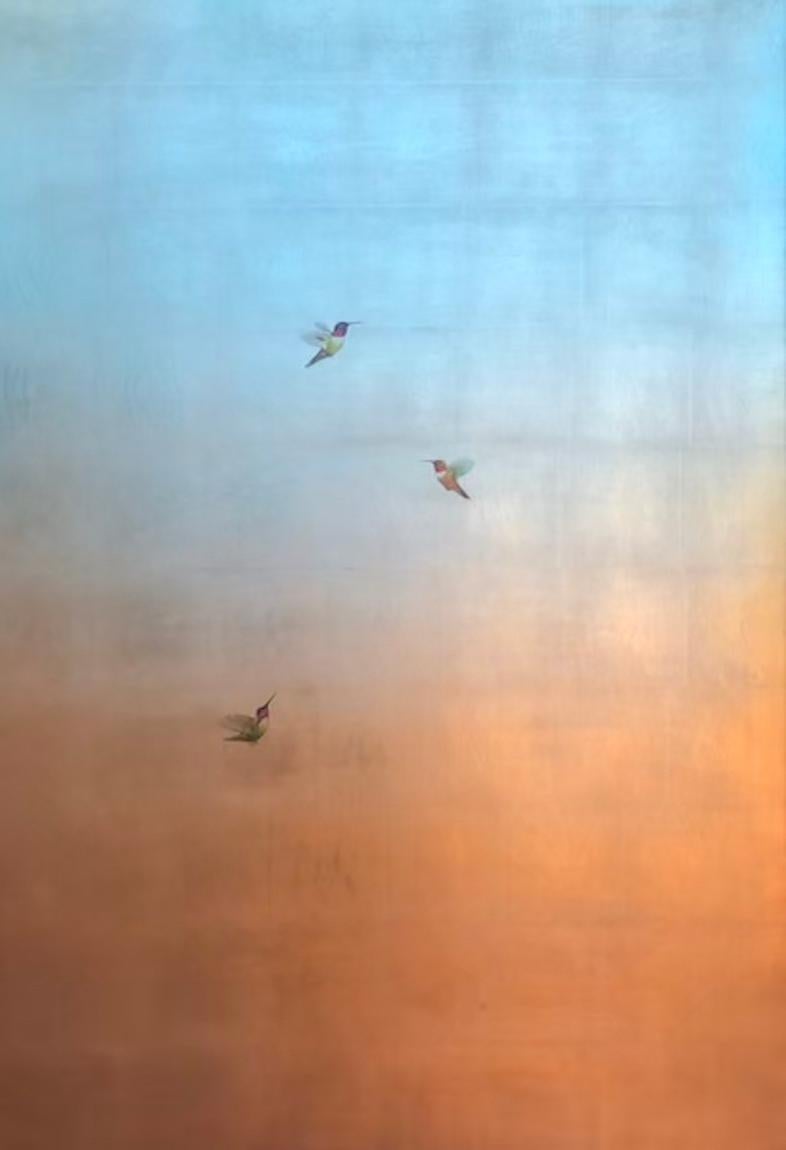 Carolyn Reynolds Animal Painting - Three Hummers in Aqua and Copper Skies