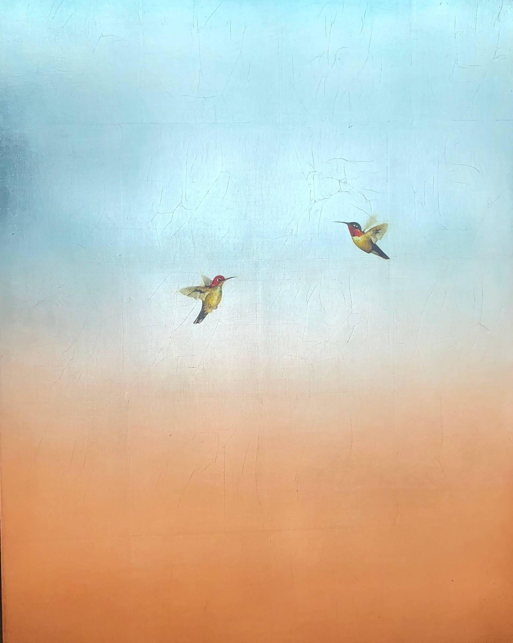 Carolyn Reynolds Animal Painting - Two Hummers in Blue Over Copper