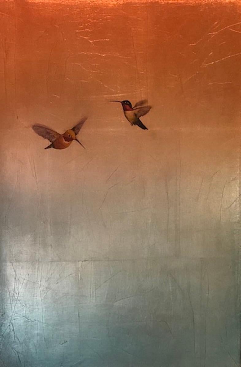 Carolyn Reynolds Animal Painting - Two Hummers in Copper Sky