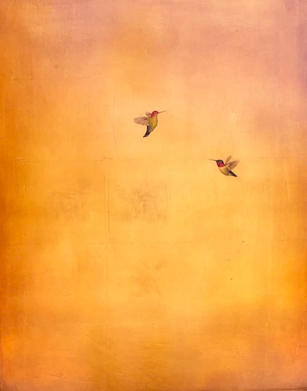 Carolyn Reynolds Animal Painting - Two Hummers in Deep Gold