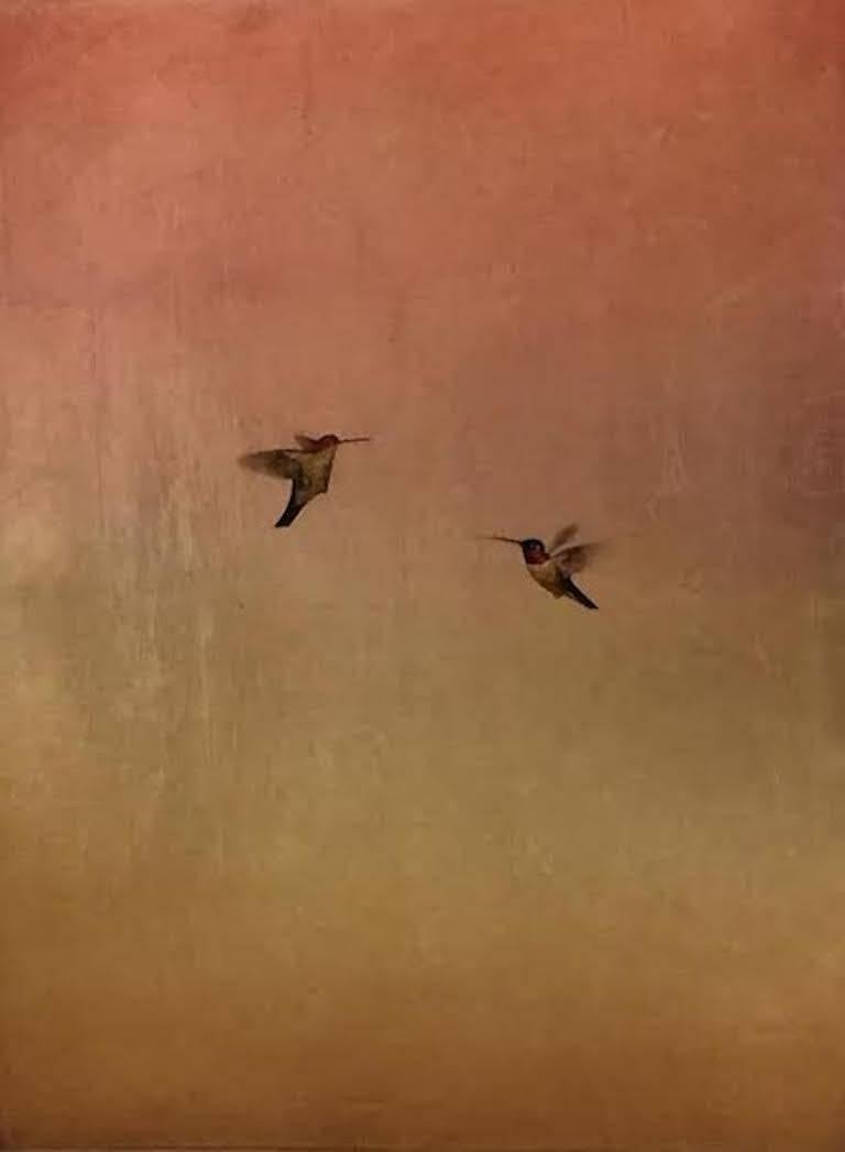 Carolyn Reynolds Animal Painting - Two Hummers in Rose and Gold 