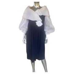 Carolyn Roehm for I Magnin Navy Crepe & White Organza Off Shoulder Dress Size 16
