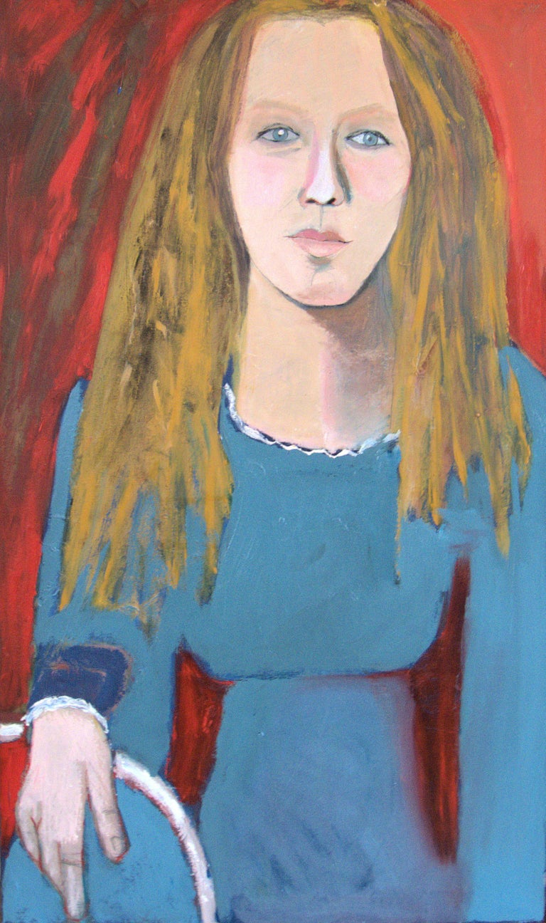 A fairly realistic painting of a young blond woman.  Strong blue and red. :: Painting :: Modern :: This piece comes with an official certificate of authenticity signed by the artist :: Ready to Hang: Yes :: Signed: Yes :: Signature Location: FRONT
