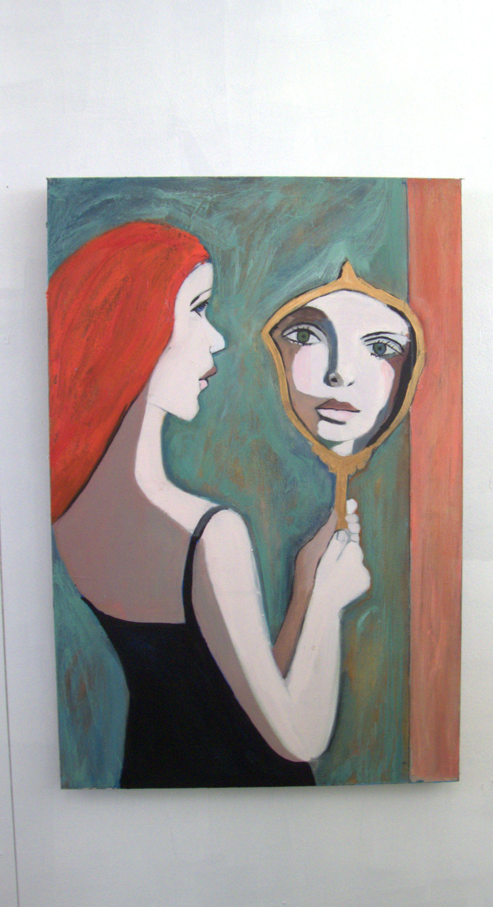 A modern painting of a girl looking at herself in a tiny mirror. :: Painting :: Modern :: This piece comes with an official certificate of authenticity signed by the artist :: Ready to Hang: Yes :: Signed: Yes :: Signature Location: lower front ::