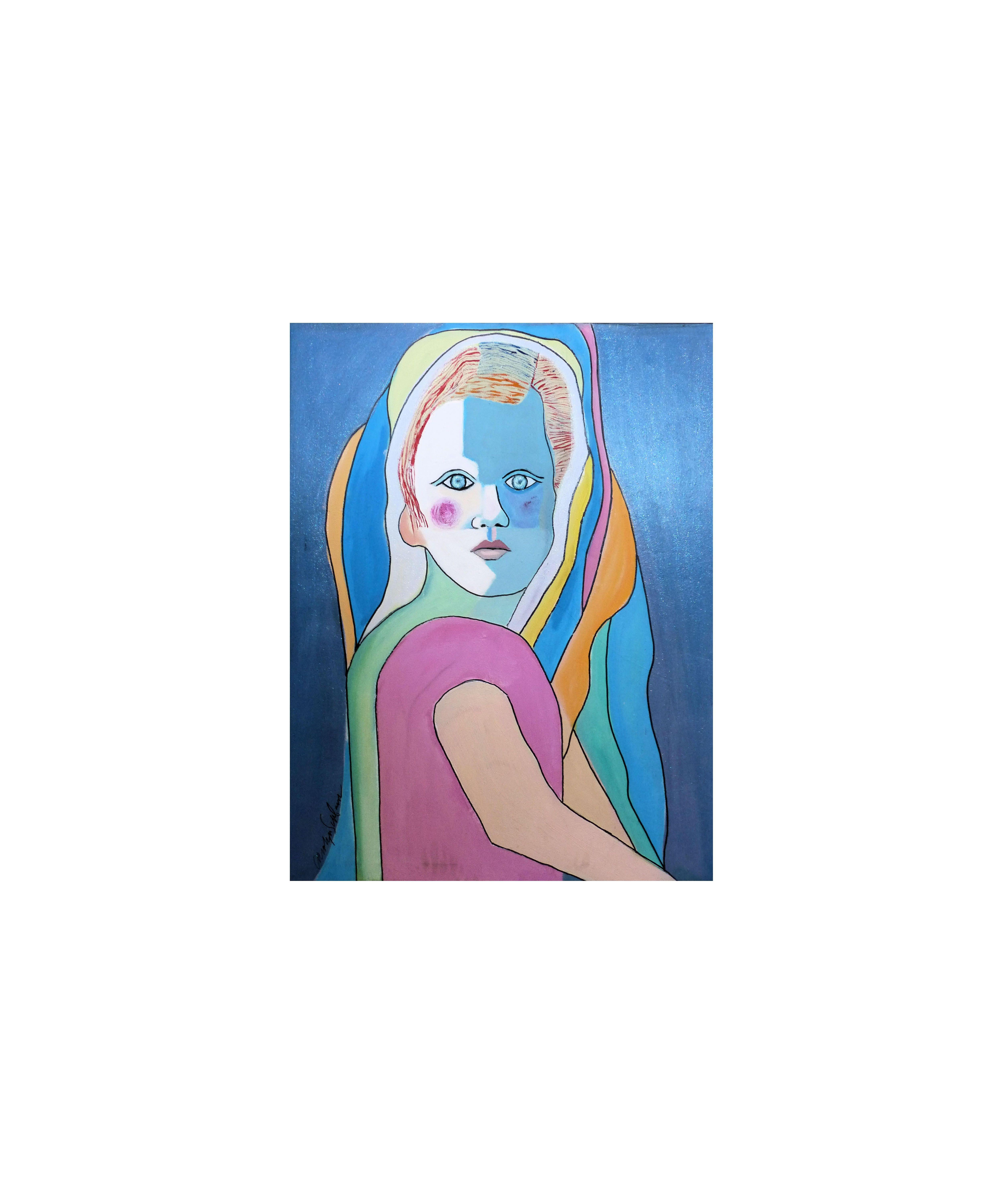 A modern stylistic portrait of a young girl with intense eyes. :: Painting :: Modern :: This piece comes with an official certificate of authenticity signed by the artist :: Ready to Hang: Yes :: Signed: Yes :: Signature Location: Front :: Canvas ::