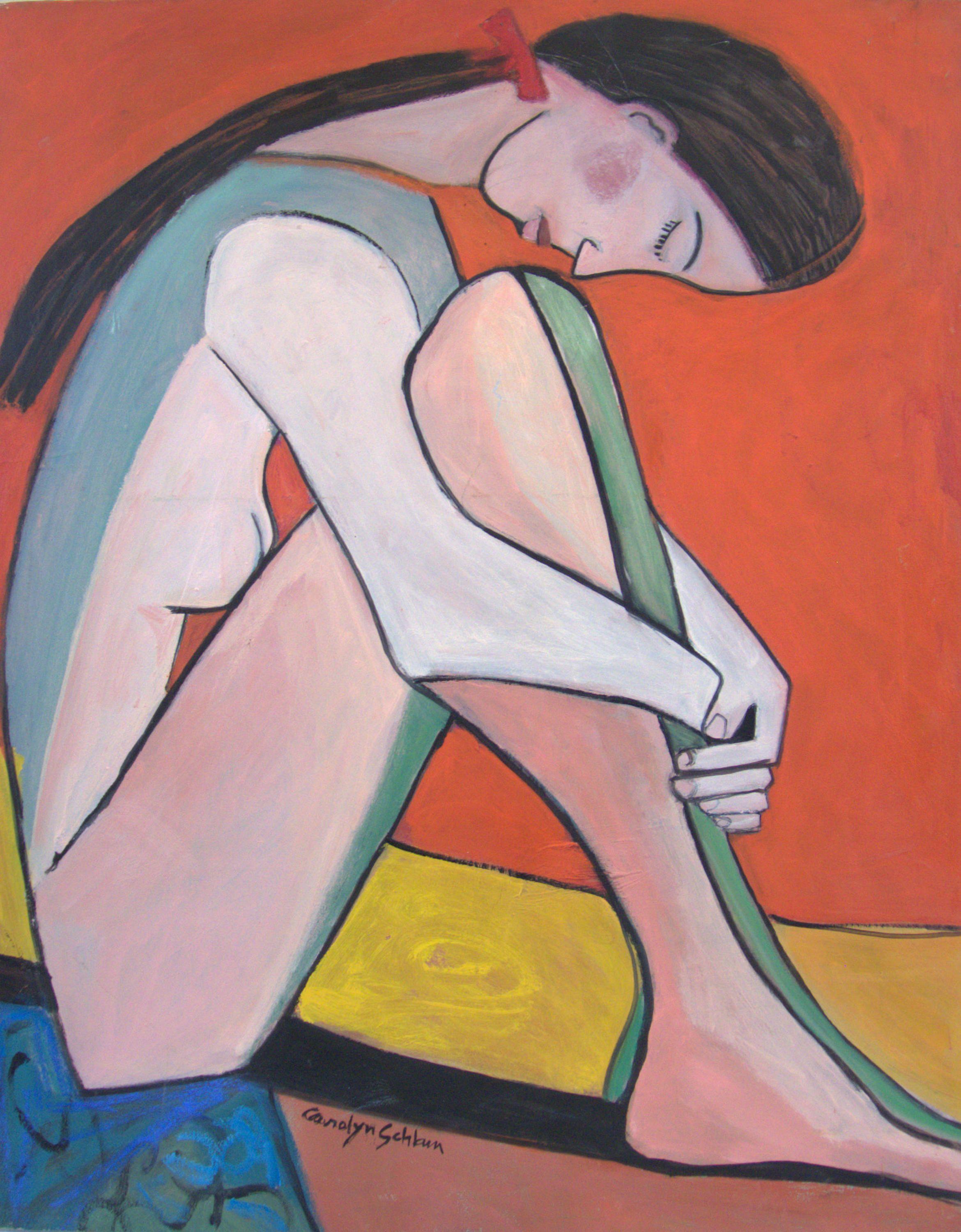 A stylized painting of a nude with a strong orange background.   Lovely pose, lovely face. :: Painting :: Modern :: This piece comes with an official certificate of authenticity signed by the artist :: Ready to Hang: Yes :: Signed: Yes :: Signature