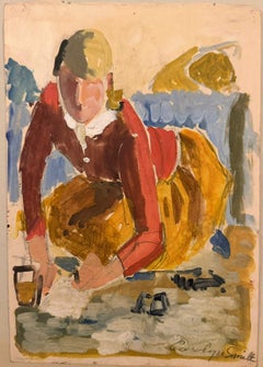 1920's British Impressionist Watercolor Painting Young Girl Gardening Vegetables