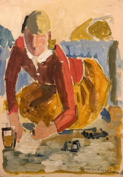 1920
s British Impressionist Watercolor Painting Young Girl Gardening Vegetables