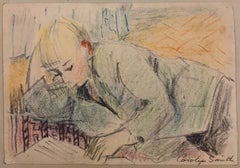 Mid 20th Century English Impressionist Painting Sketch of Young Girl Reading