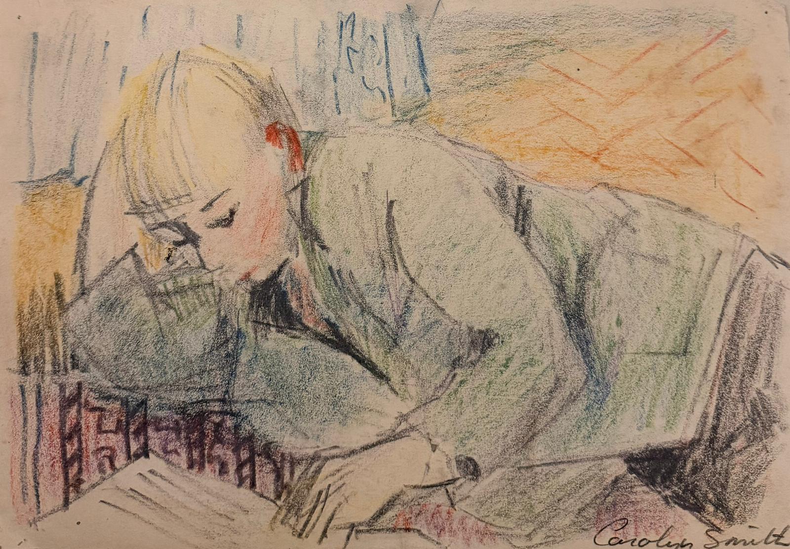 Carolyn Smith Figurative Painting - Mid 20th Century English Impressionist Painting Sketch of Young Girl Reading