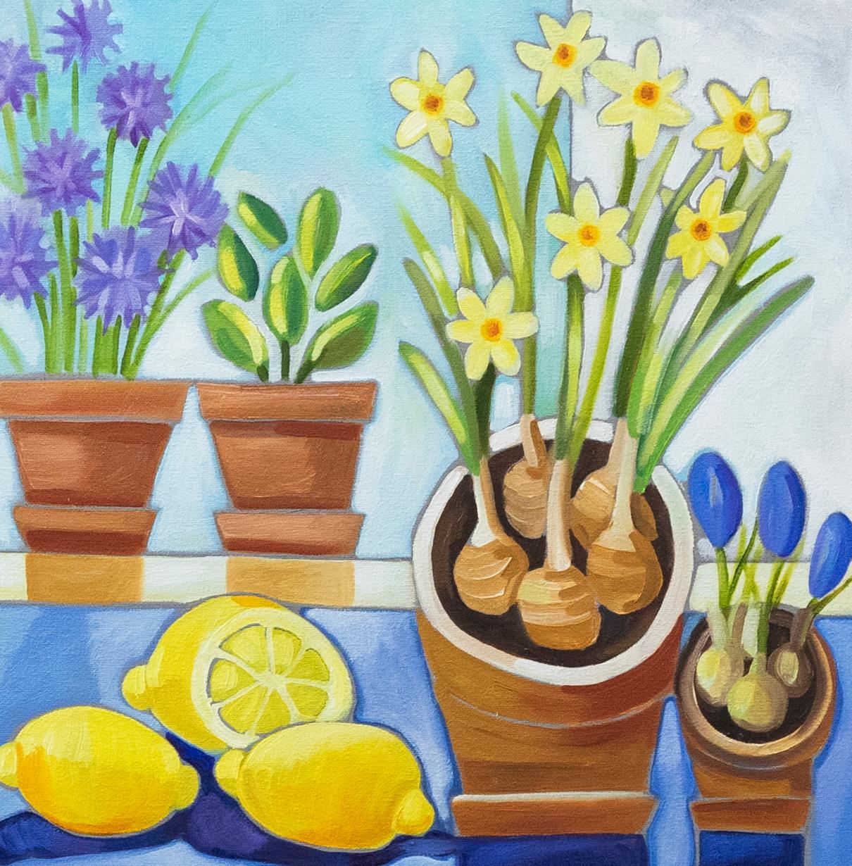 Carolyn Tyrer - Framed Contemporary Oil, Daffodils & Lemons - Painting by Carolyn Tryer