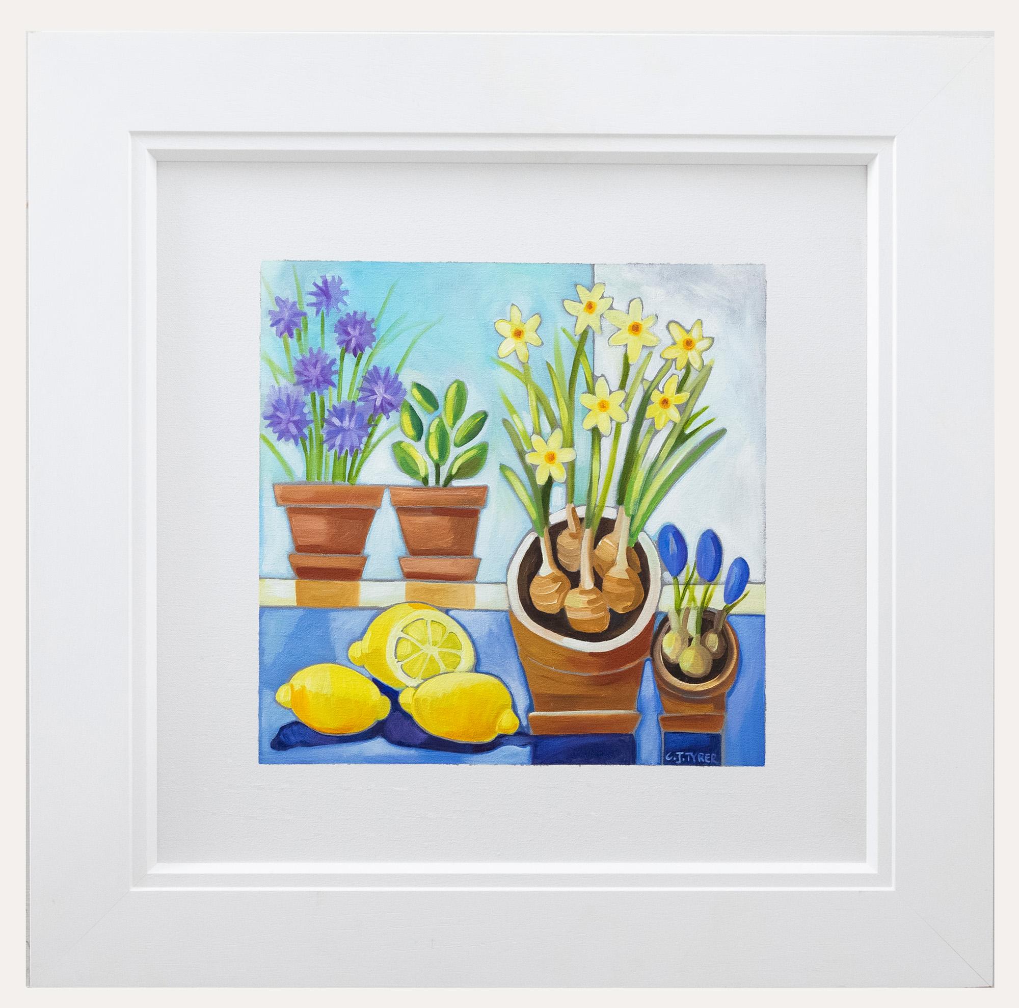 Carolyn Tryer Still-Life Painting - Carolyn Tyrer - Framed Contemporary Oil, Daffodils & Lemons