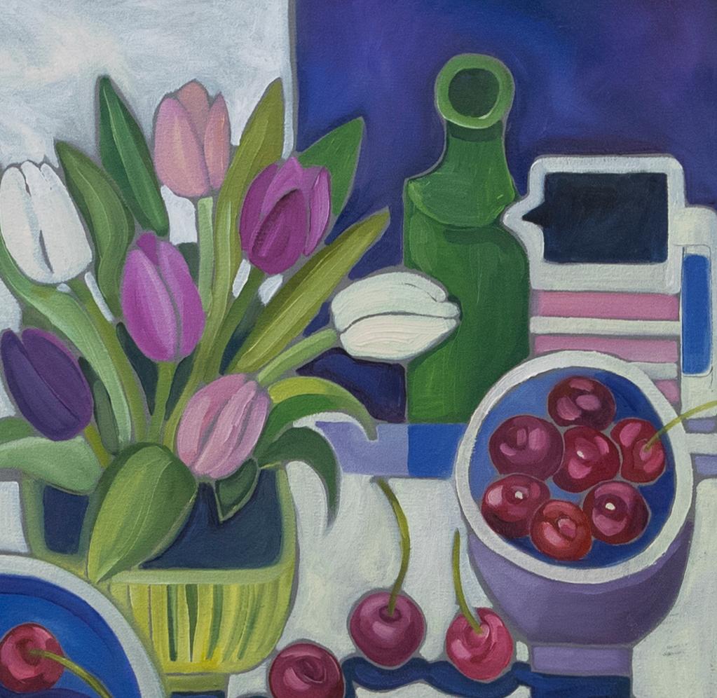 Carolyn Tyrer - Huile contemporaine encadrée, Tulipes et cerises - Painting de Carolyn Tryer