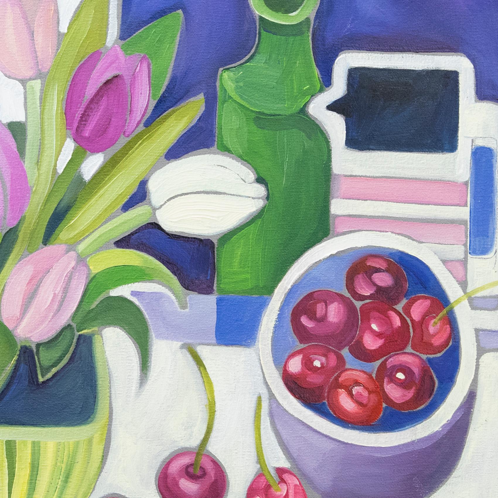Carolyn Tyrer - Framed Contemporary Oil, Tulips & Cherries For Sale 1