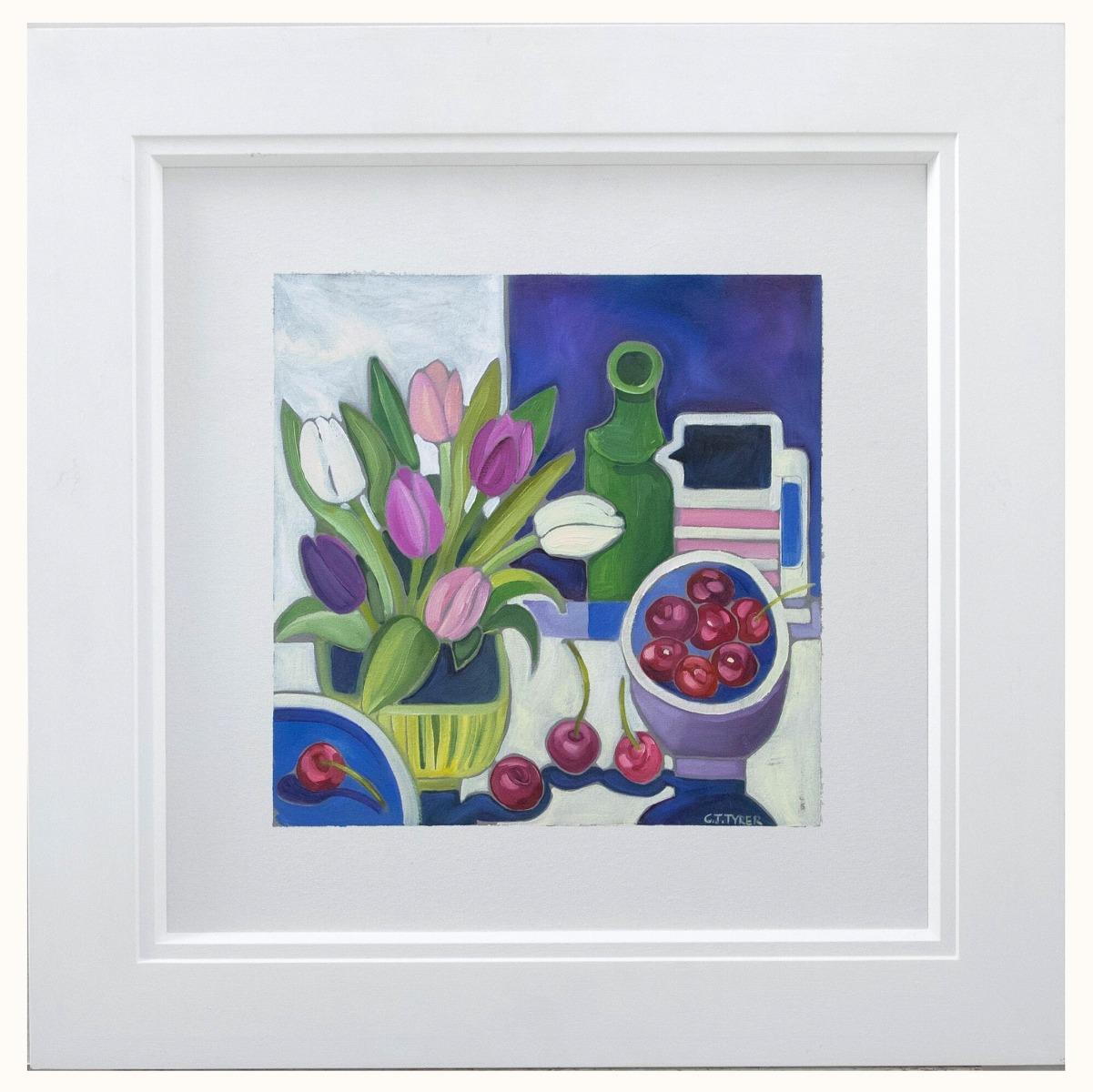 Carolyn Tryer Still-Life Painting - Carolyn Tyrer - Framed Contemporary Oil, Tulips & Cherries