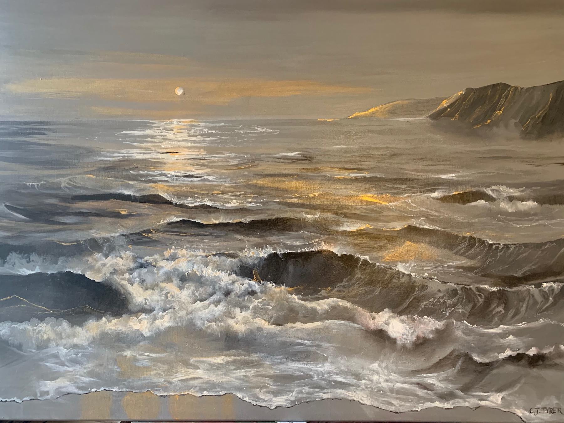 La mer agitée renferme une profonde passion par Carolyn Tryer
Signé par l'artiste
Acrylique sur toile.
Taille de l'œuvre : 80 x 100 cm
La lumière hypnotique sur les magnifiques vagues étincelait comme des diamants et le coucher de soleil