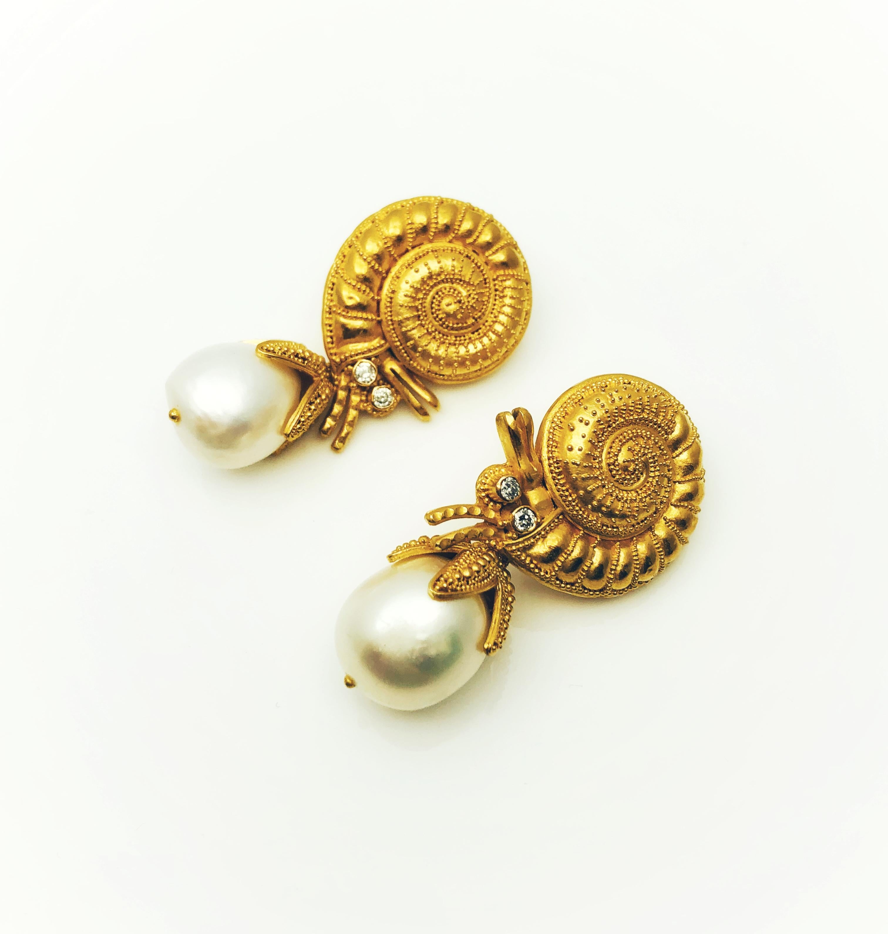 Carolyn Tyler 22 Karat Gold Diamond and Pearl Hermit Crab Dangle Earrings 2