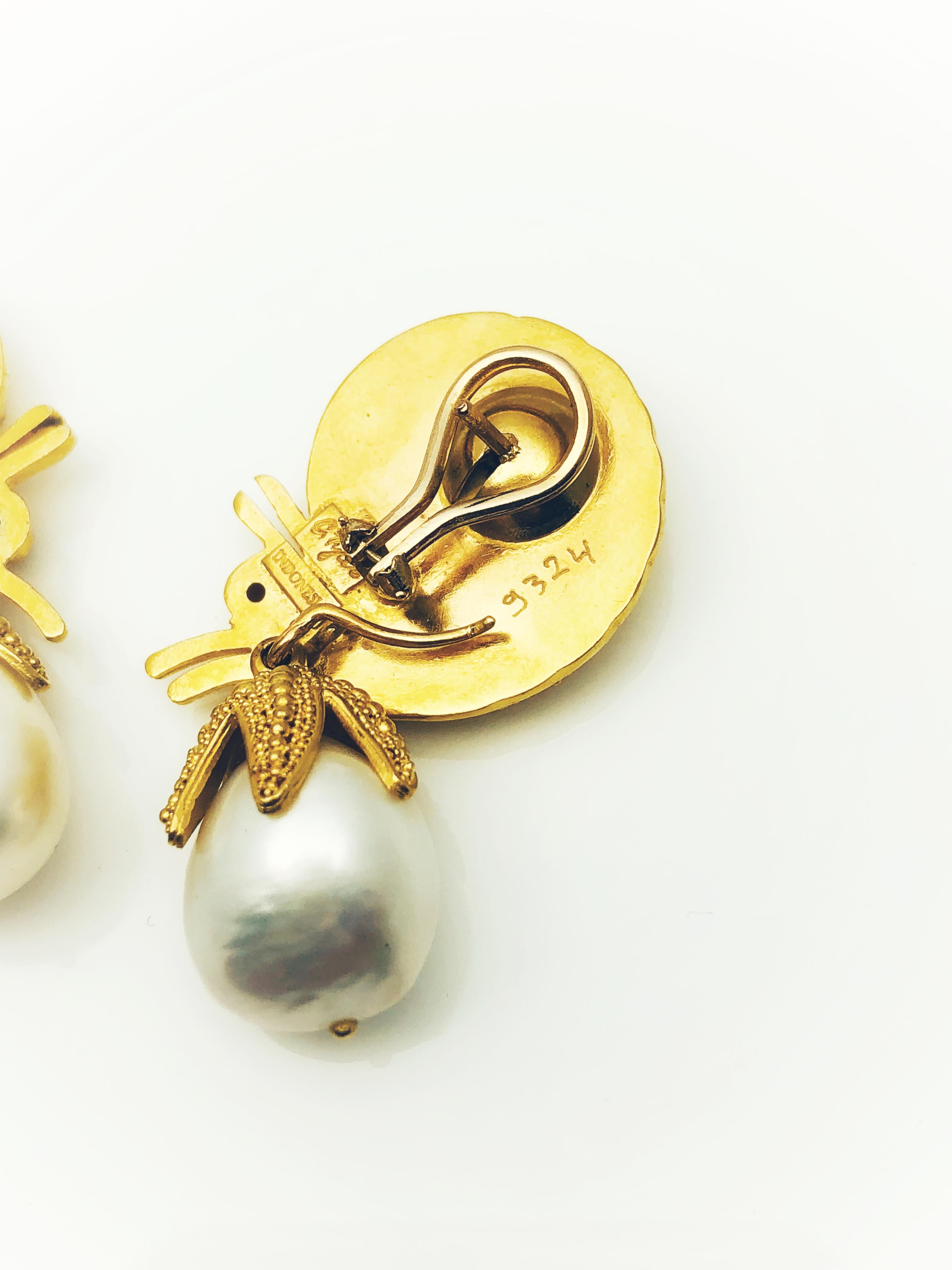 Artisan Carolyn Tyler 22 Karat Gold Diamond and Pearl Hermit Crab Dangle Earrings
