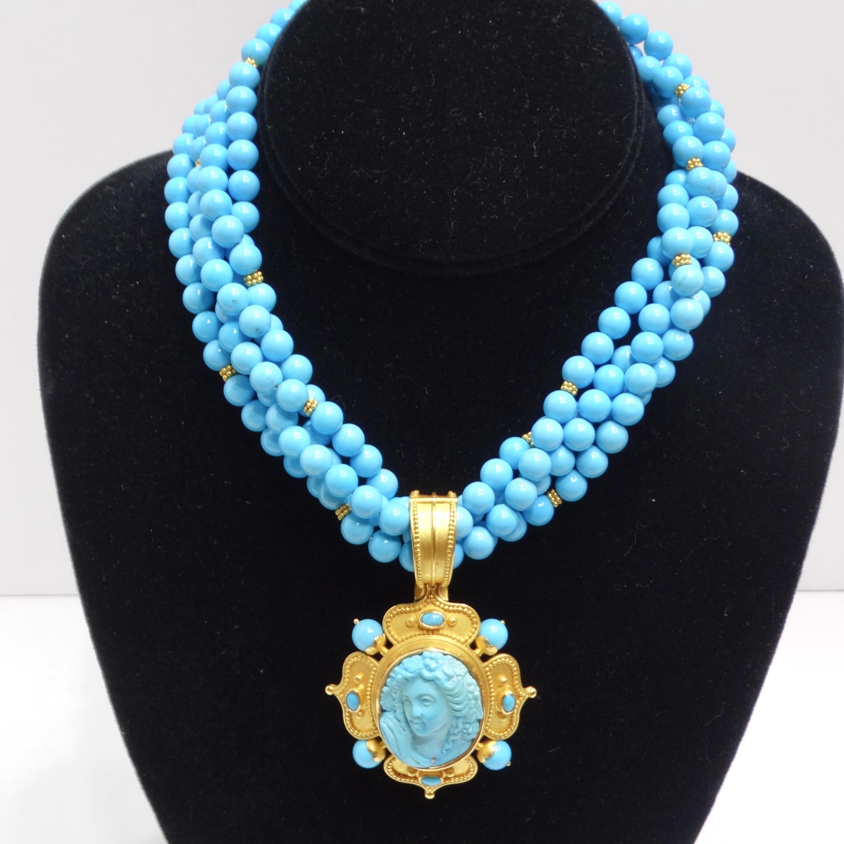 Women's or Men's Carolyn Tyler 22K Gold Sleeping Beauty Turquoise Cameo Pendent Necklace