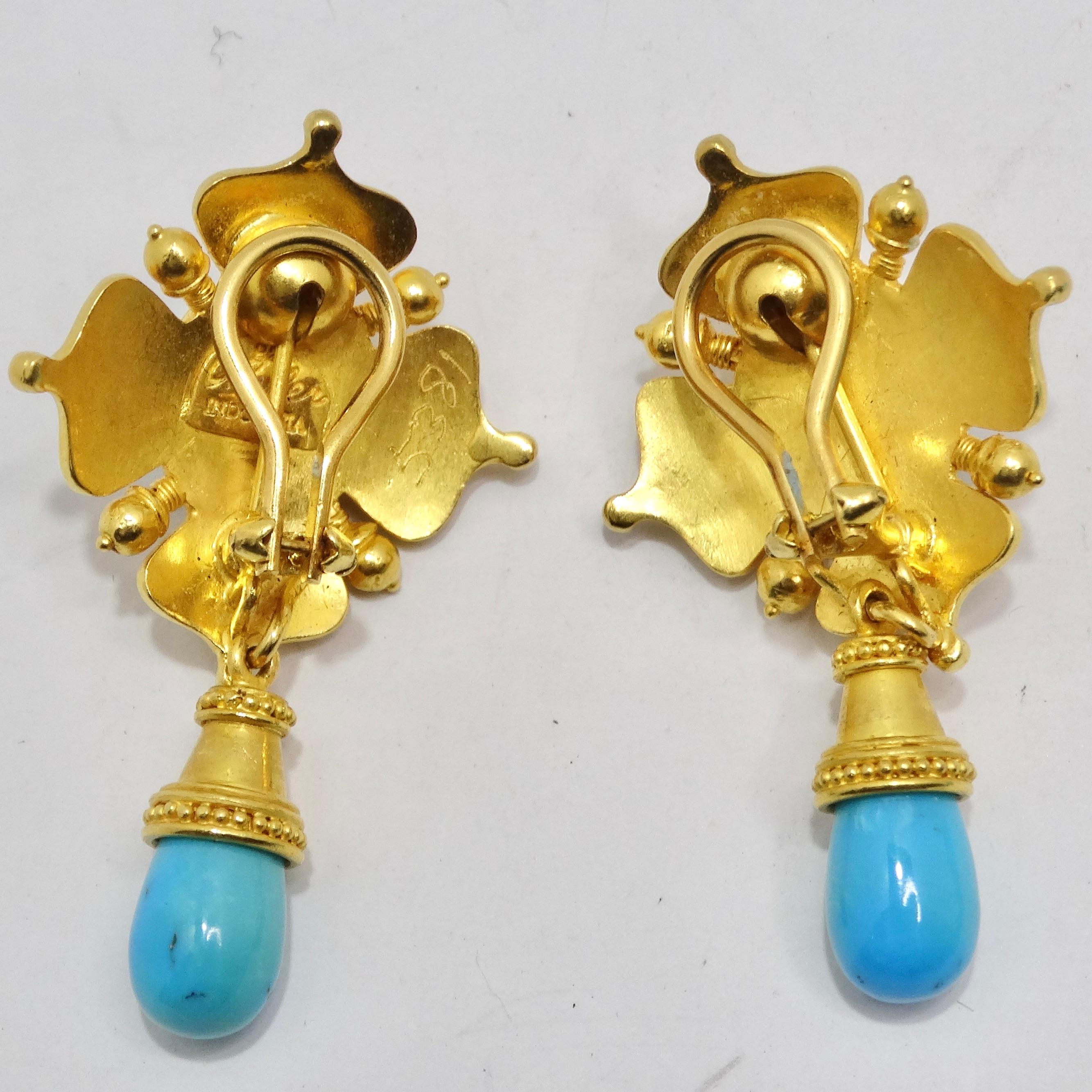 Women's or Men's Carolyn Tyler 22K Gold Sleeping Beauty Turquoise Dangle Earrings For Sale
