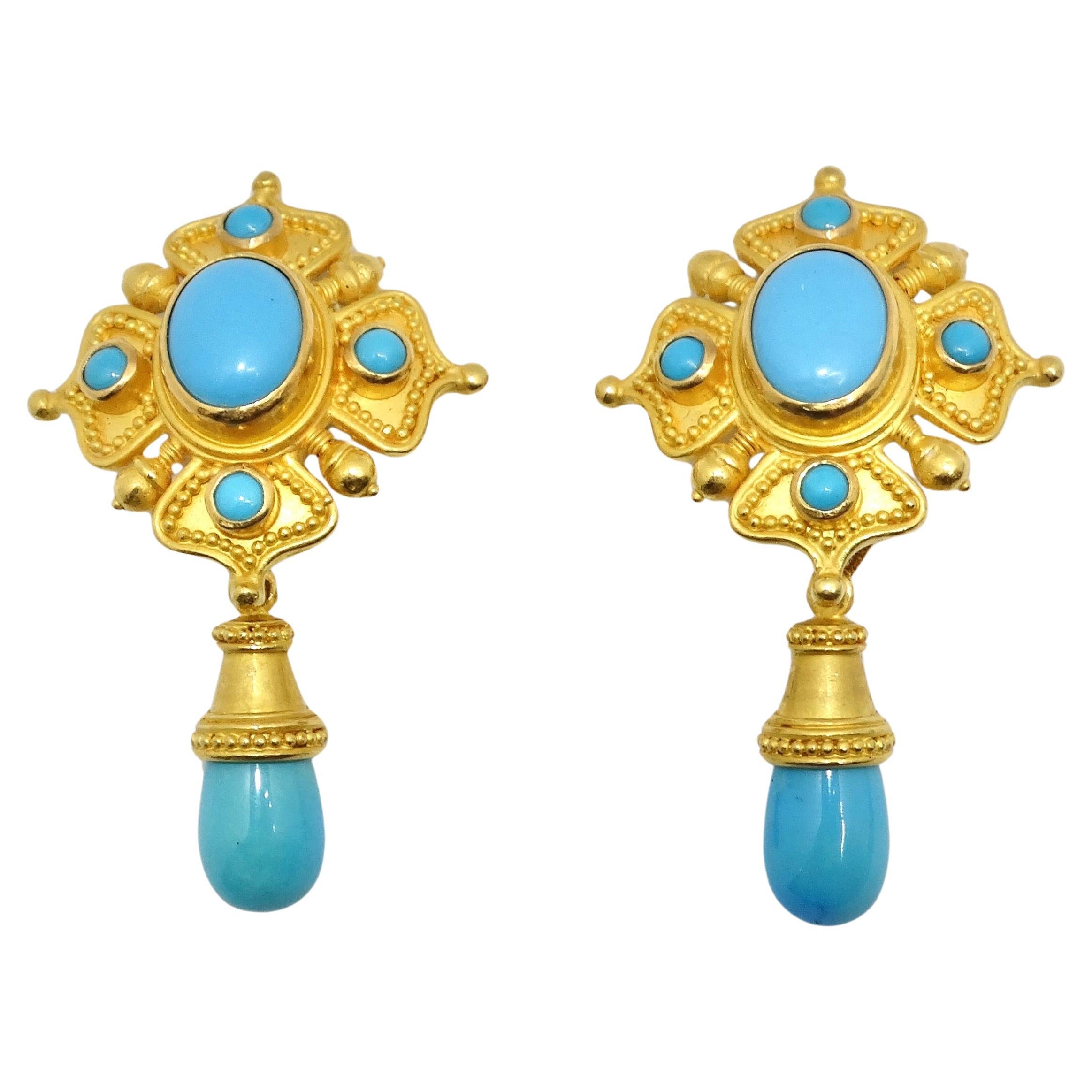 Carolyn Tyler 22K Gold Sleeping Beauty Turquoise Dangle Earrings For Sale