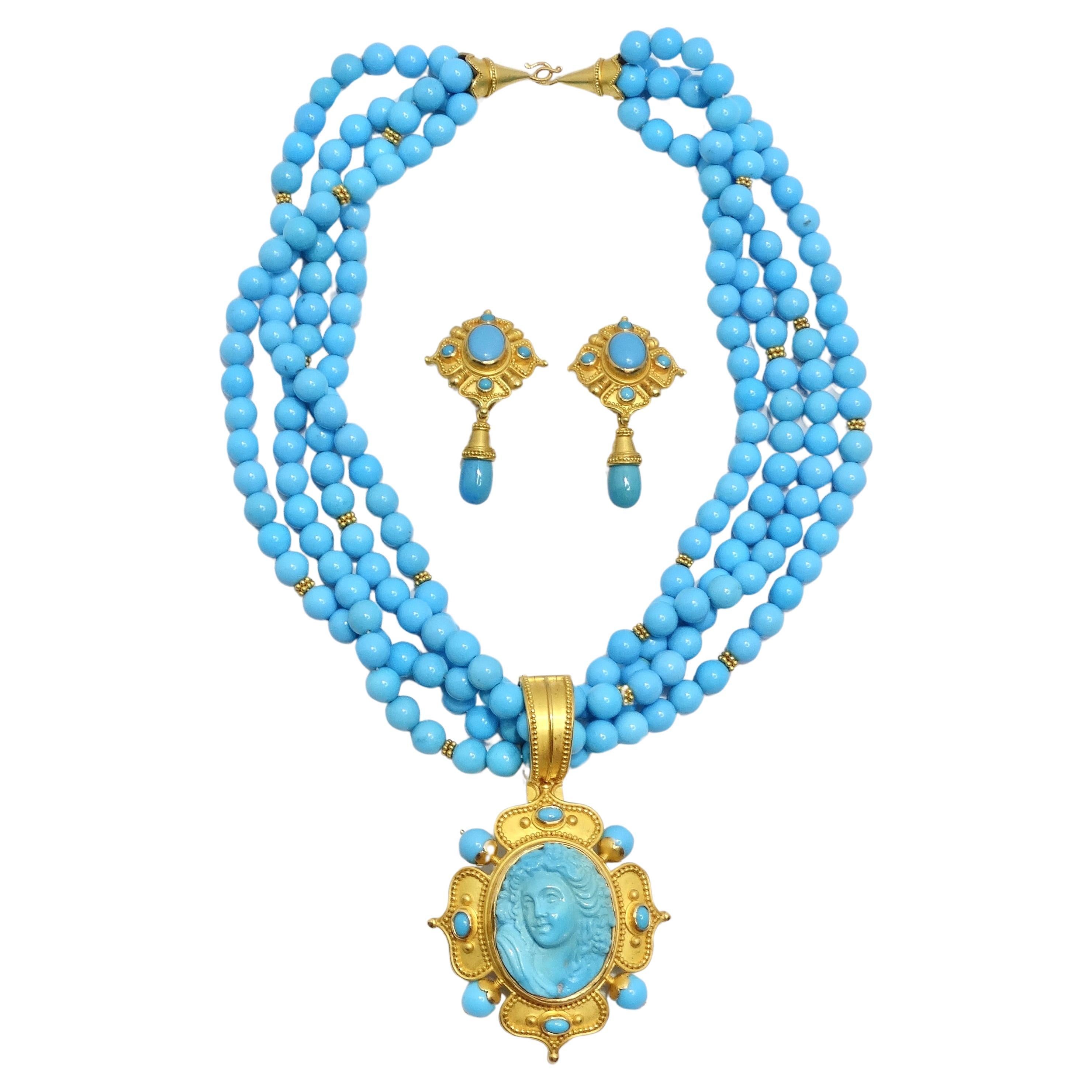 Carolyn Tyler 22K Gold Sleeping Beauty Turquoise Necklace & Earrings Set For Sale