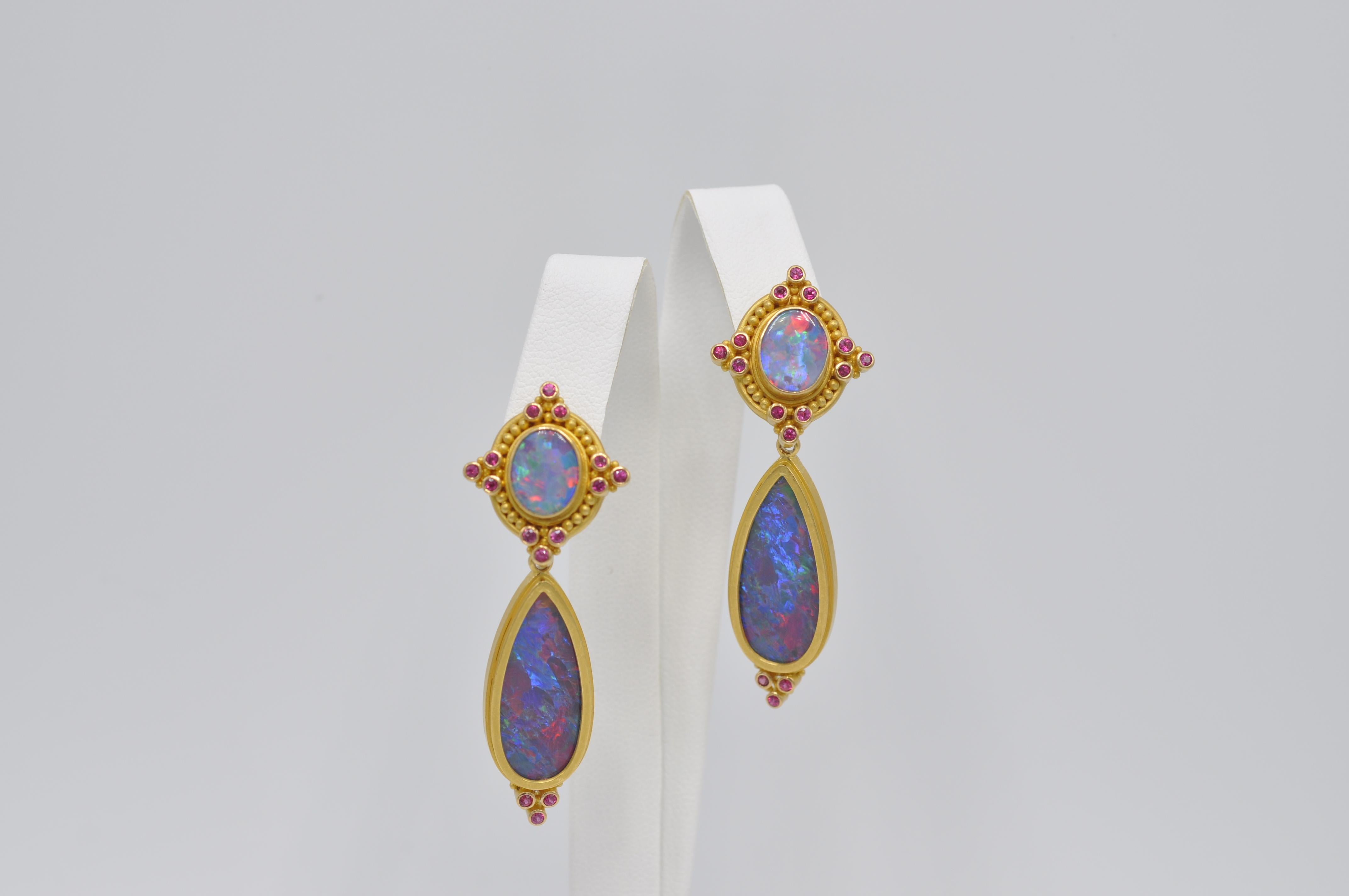 Magnificent 14.9ctw Natural Ironstone Opal Earrings set in 22k Yellow Gold designed by Carolyn Tyler.  Another unique option with these beautiful earrings,  the dangles can be removed and the tops worn alone or with other drops. The tops are stamped