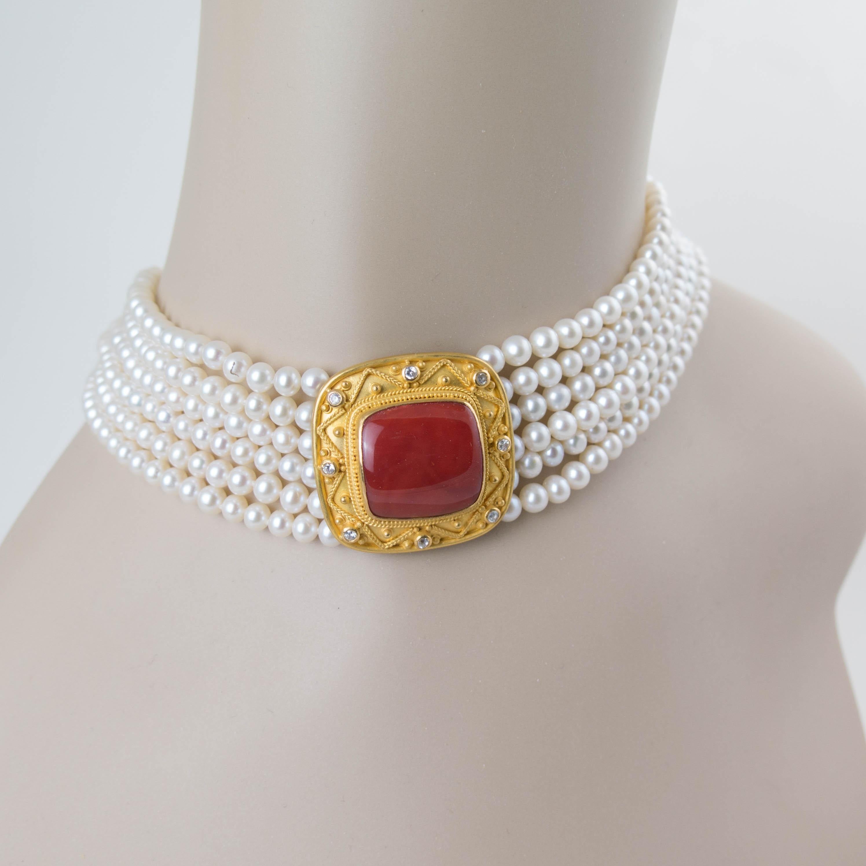 Carolyn Tyler 'Corinna Choker' White Pearl and Red Coral Necklace in 22k Gold For Sale 4